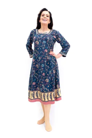 Blue Cotton Embroidered Long Sleeve Dress