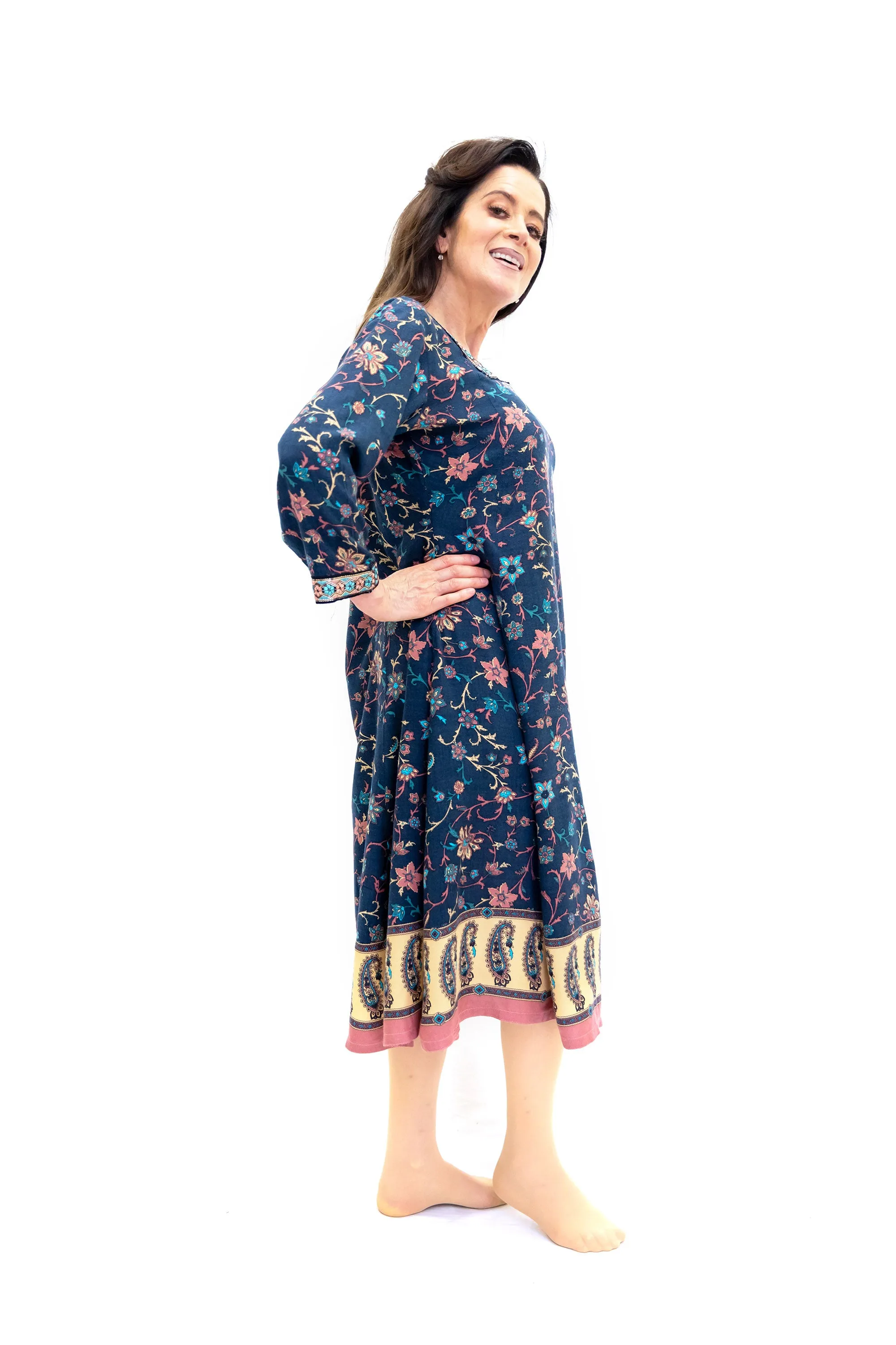 Blue Cotton Embroidered Long Sleeve Dress