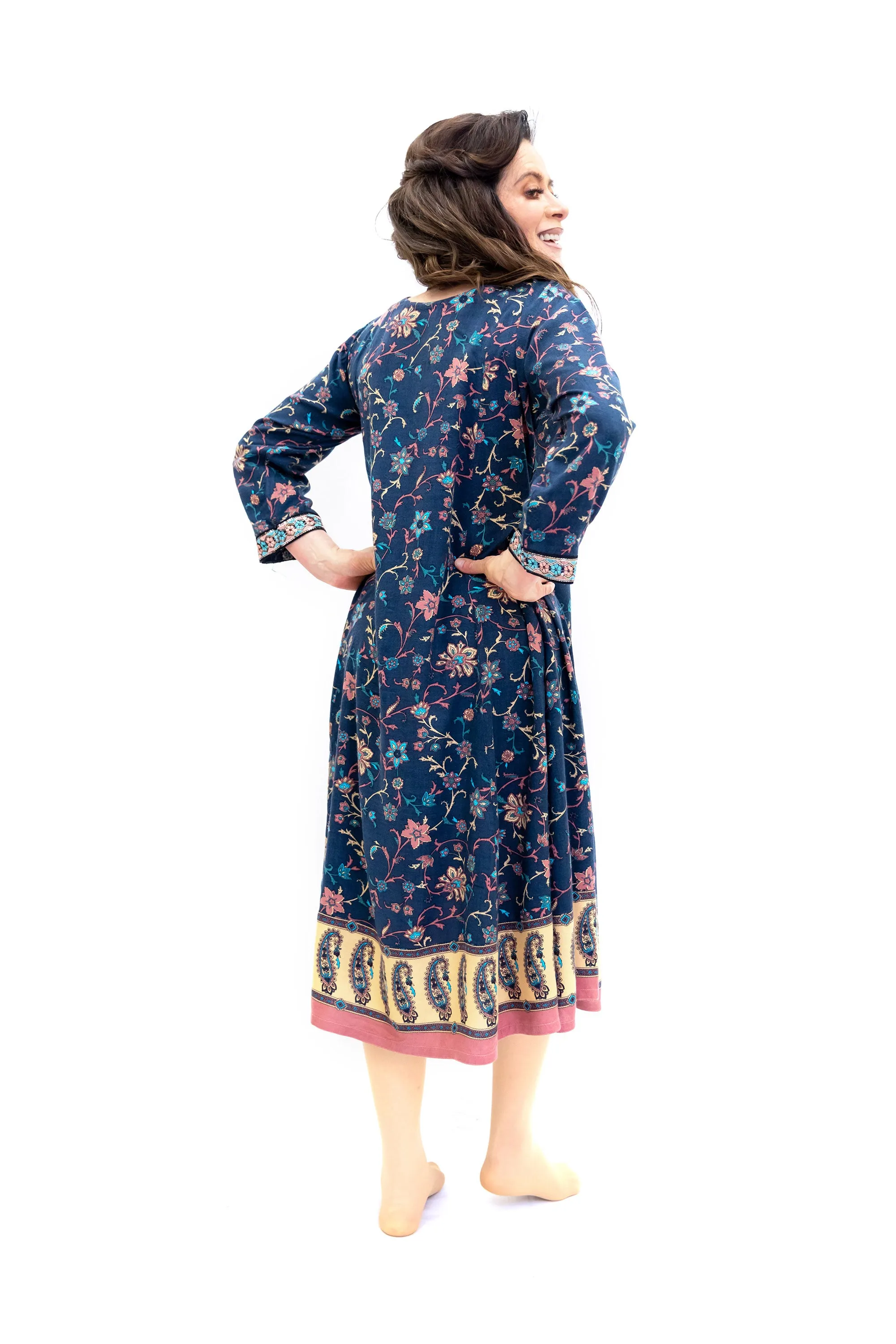 Blue Cotton Embroidered Long Sleeve Dress