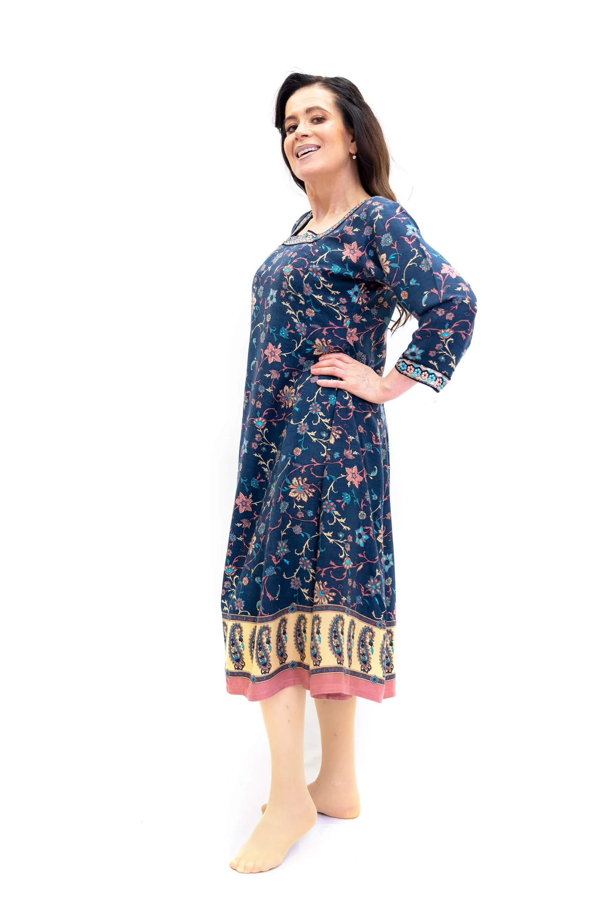 Blue Cotton Embroidered Long Sleeve Dress