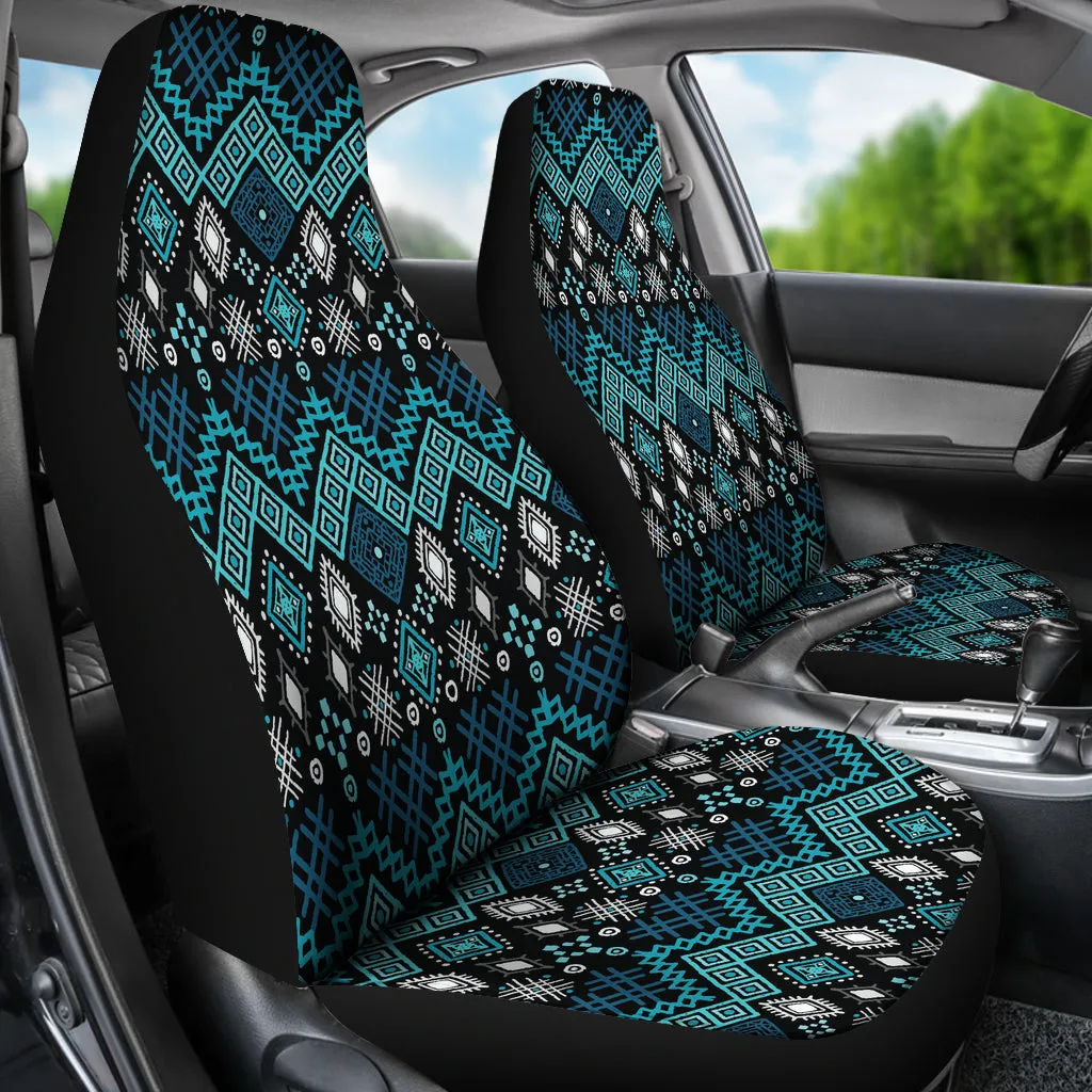 Blue Ethnic Pattern Car Seat Covers Front Set Of 2