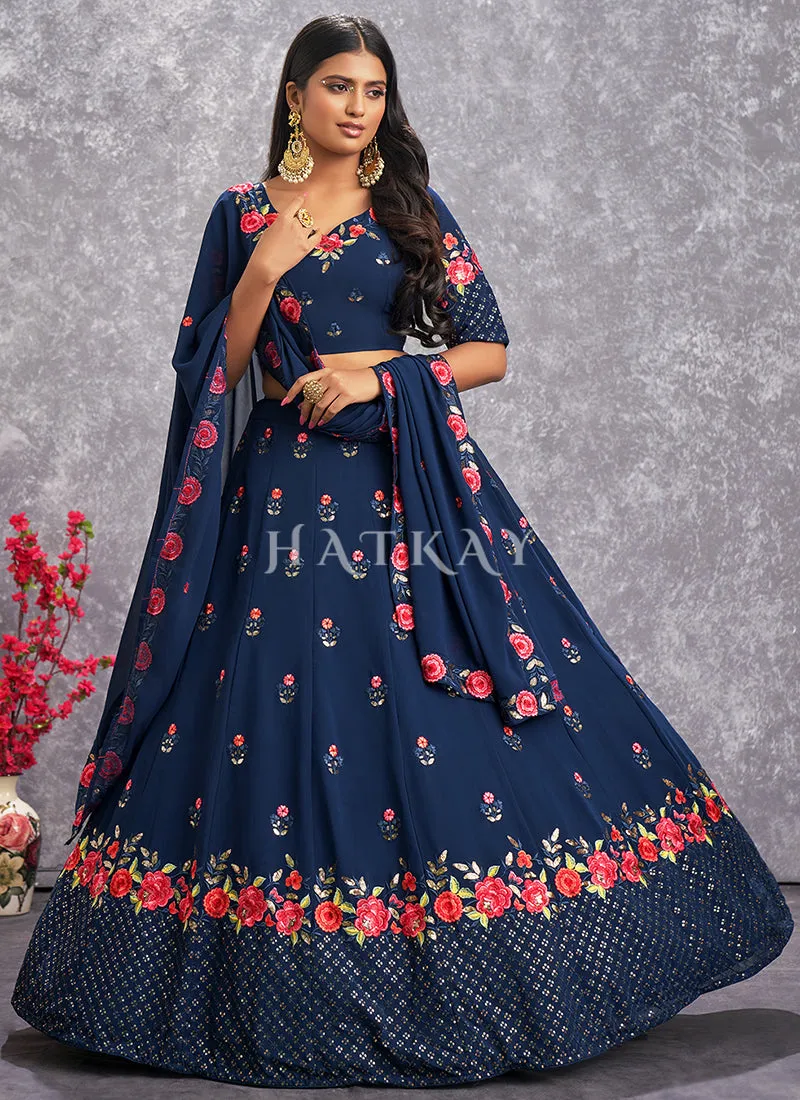 Blue Floral And Sequence Embroidery Wedding Lehenga Choli