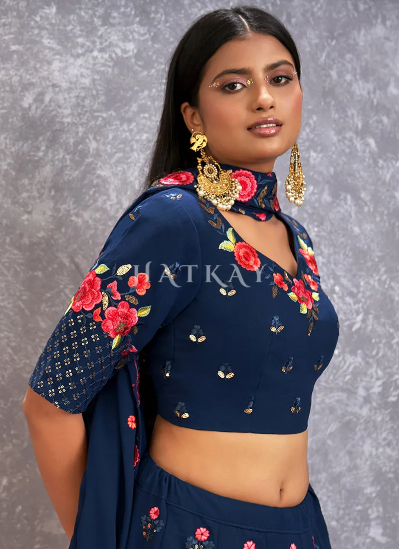Blue Floral And Sequence Embroidery Wedding Lehenga Choli
