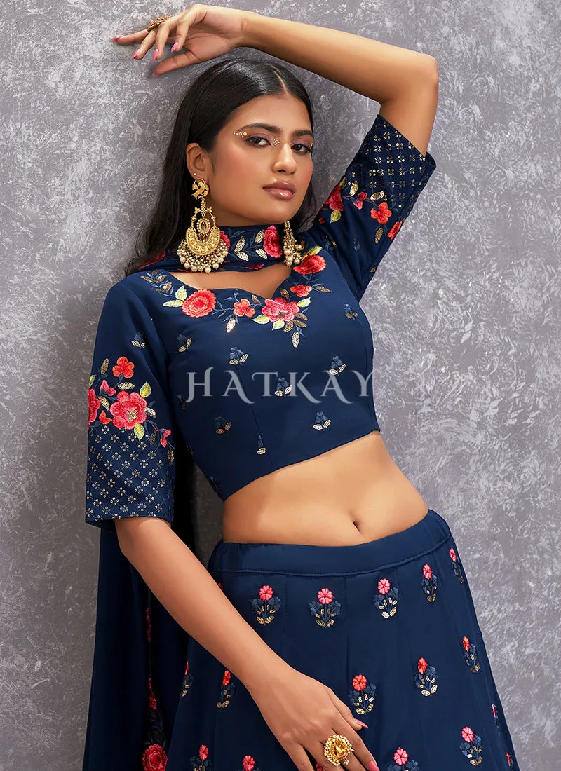 Blue Floral And Sequence Embroidery Wedding Lehenga Choli