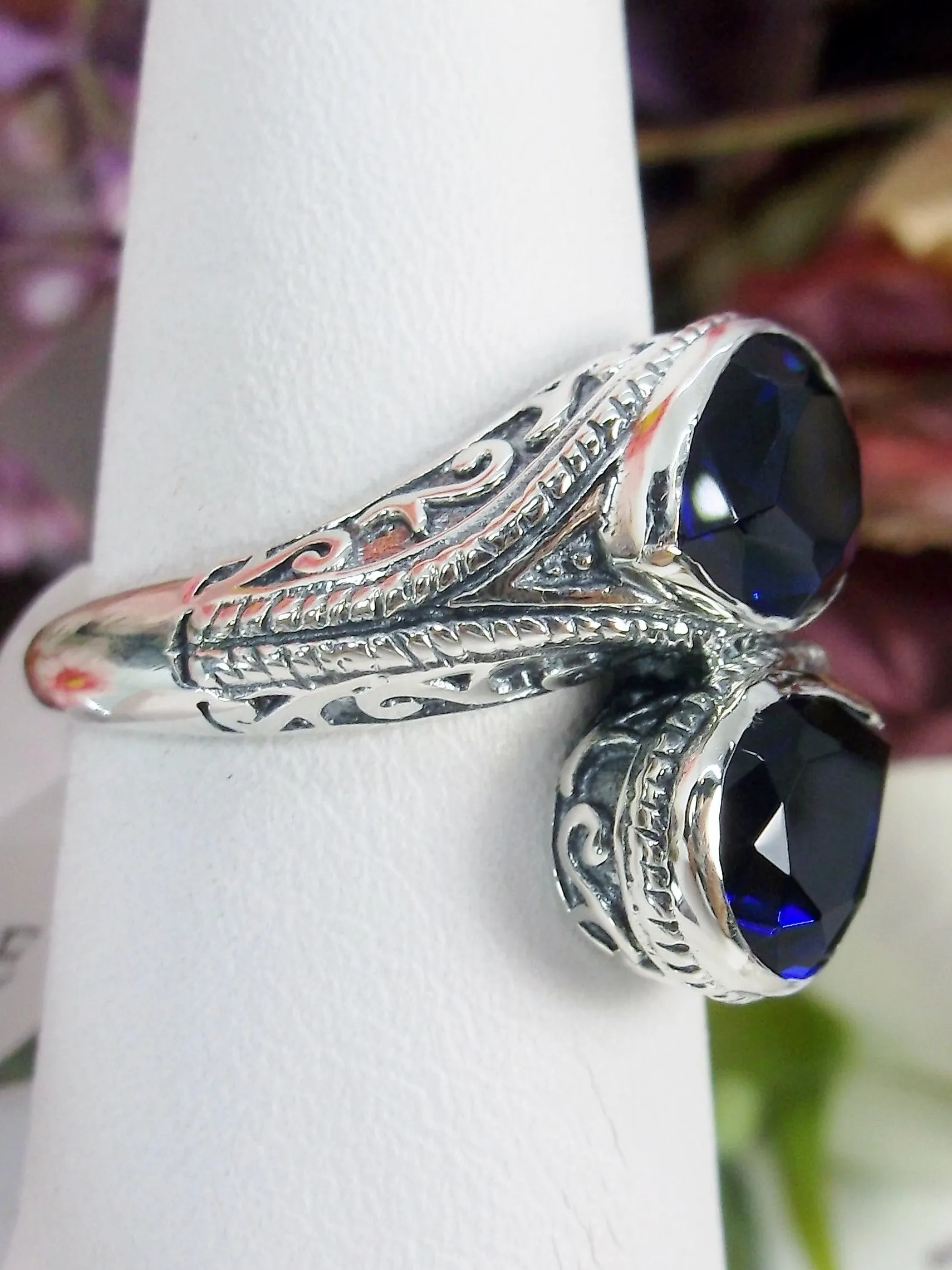 Blue Sapphire Ring, Teardrop Swirl Snake Eye, Art Deco Jewelry #D221