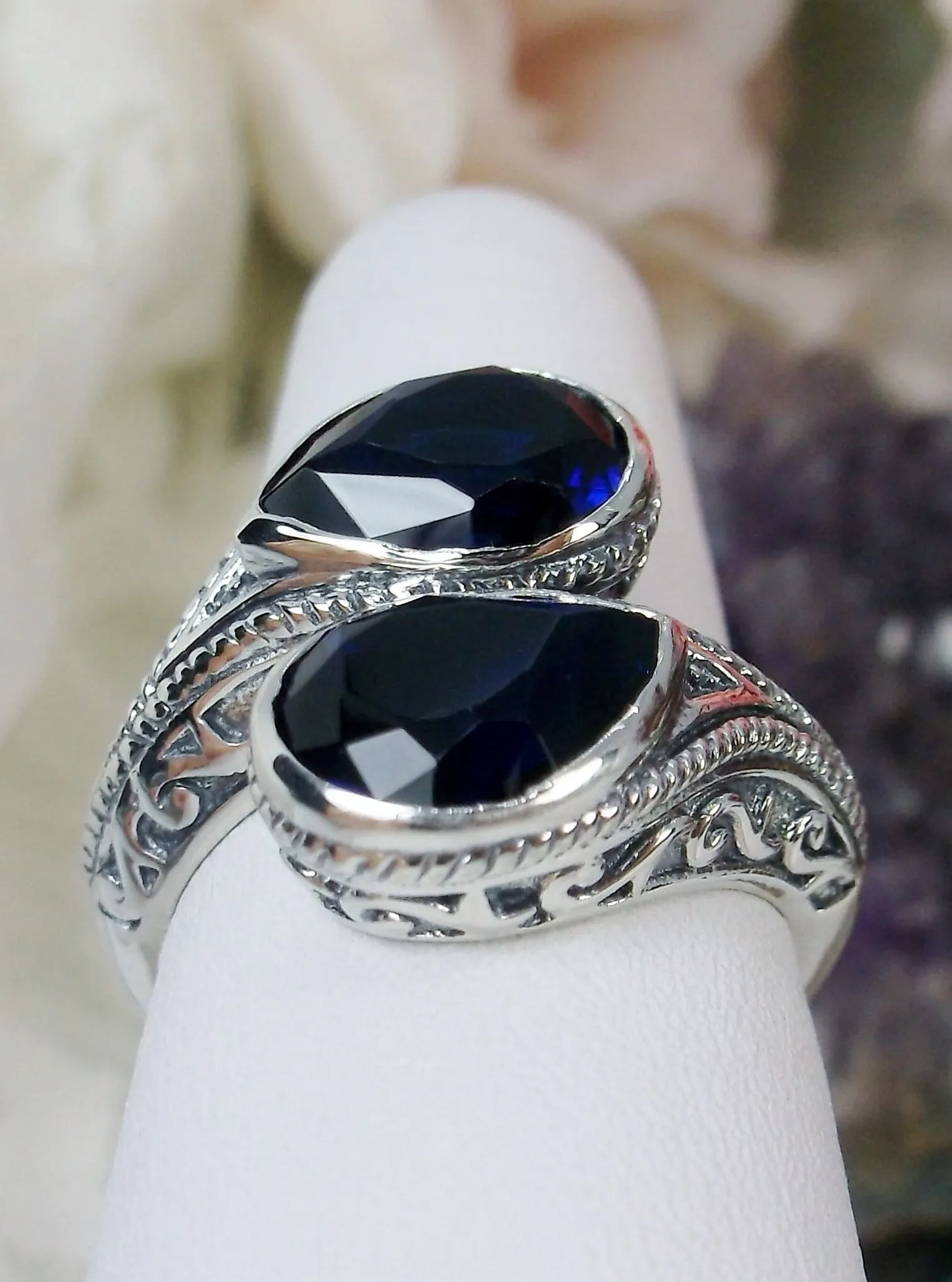 Blue Sapphire Ring, Teardrop Swirl Snake Eye, Art Deco Jewelry #D221