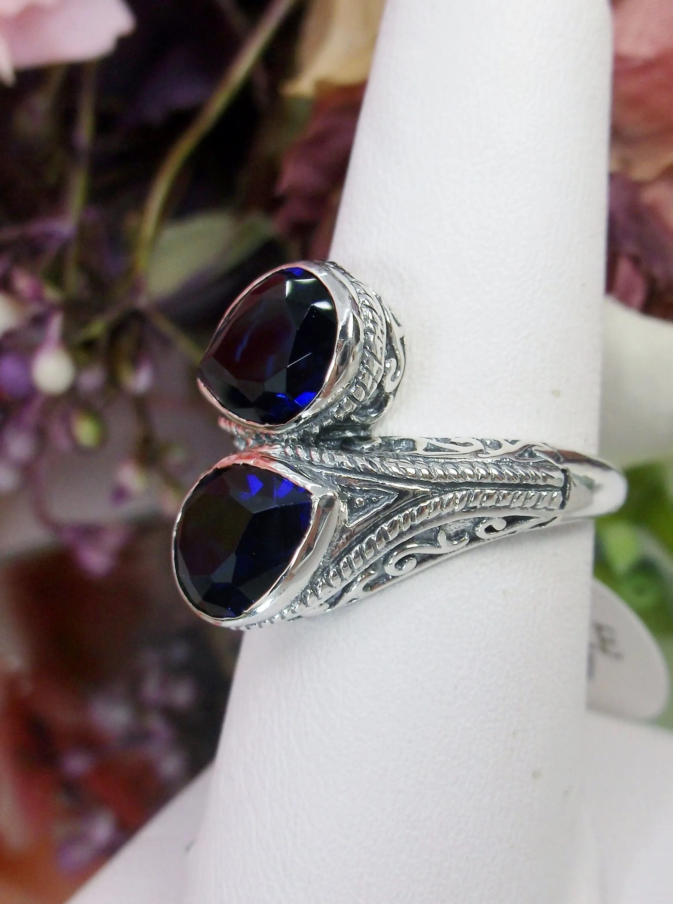 Blue Sapphire Ring, Teardrop Swirl Snake Eye, Art Deco Jewelry #D221
