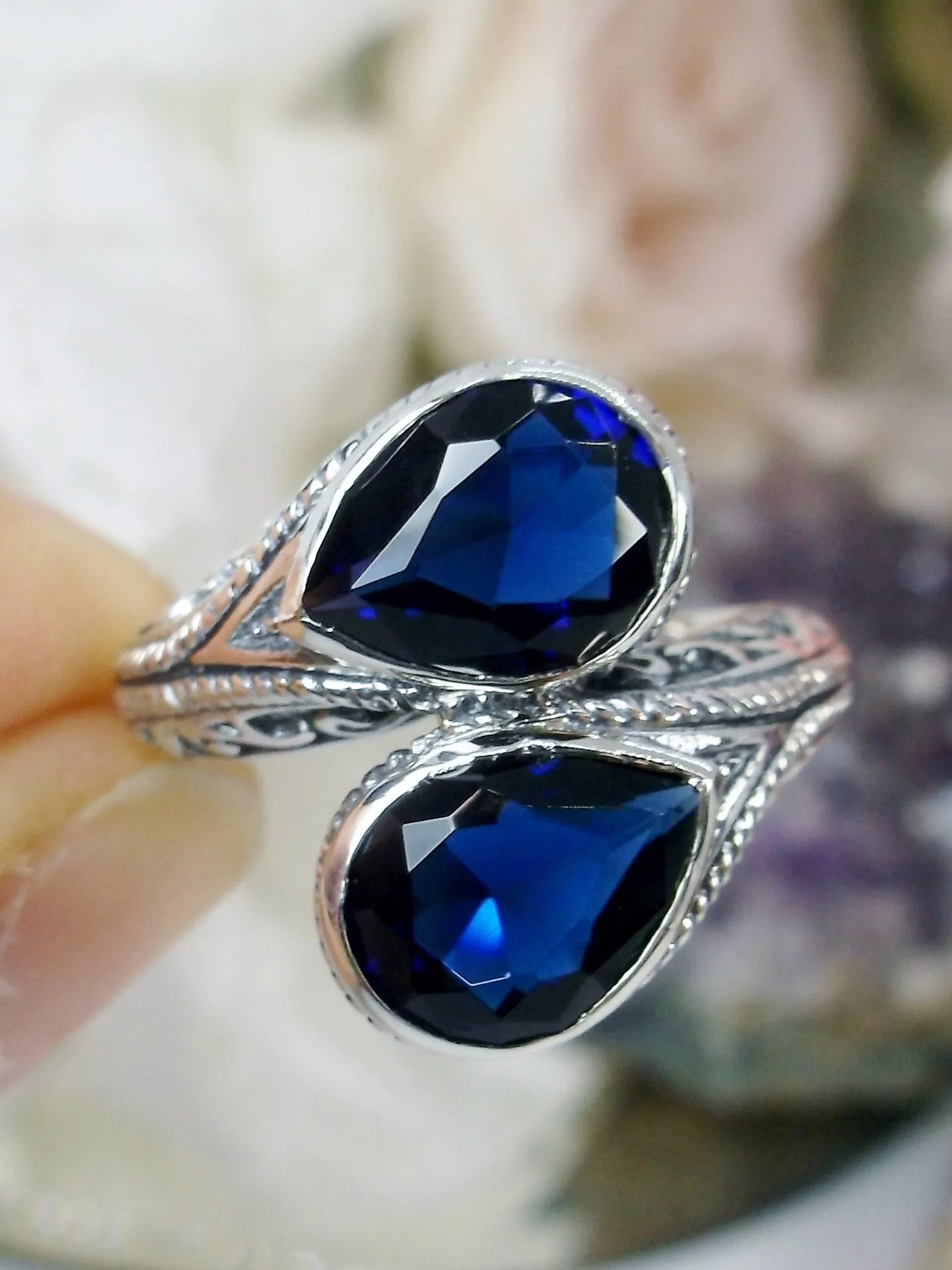 Blue Sapphire Ring, Teardrop Swirl Snake Eye, Art Deco Jewelry #D221