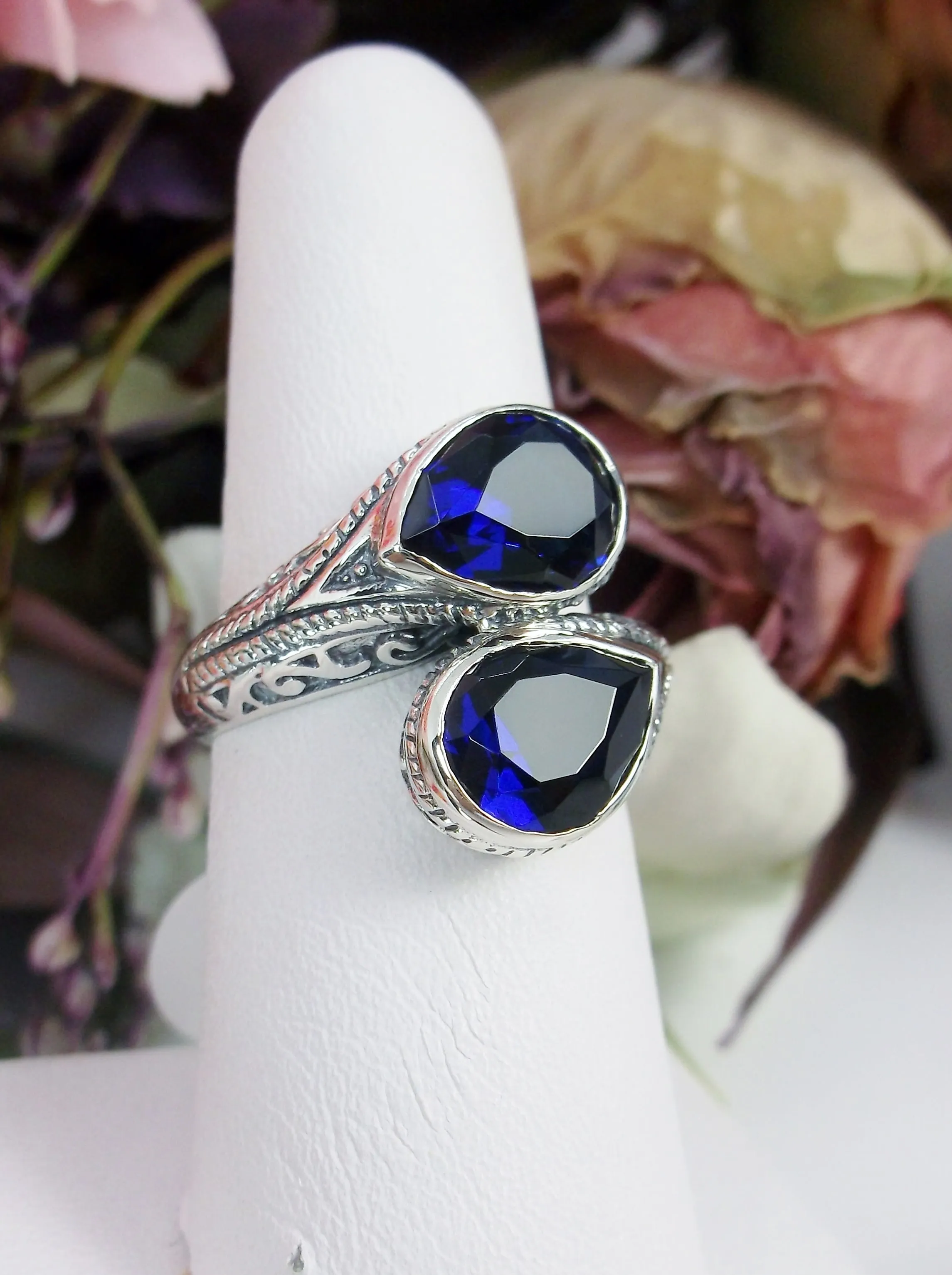 Blue Sapphire Ring, Teardrop Swirl Snake Eye, Art Deco Jewelry #D221