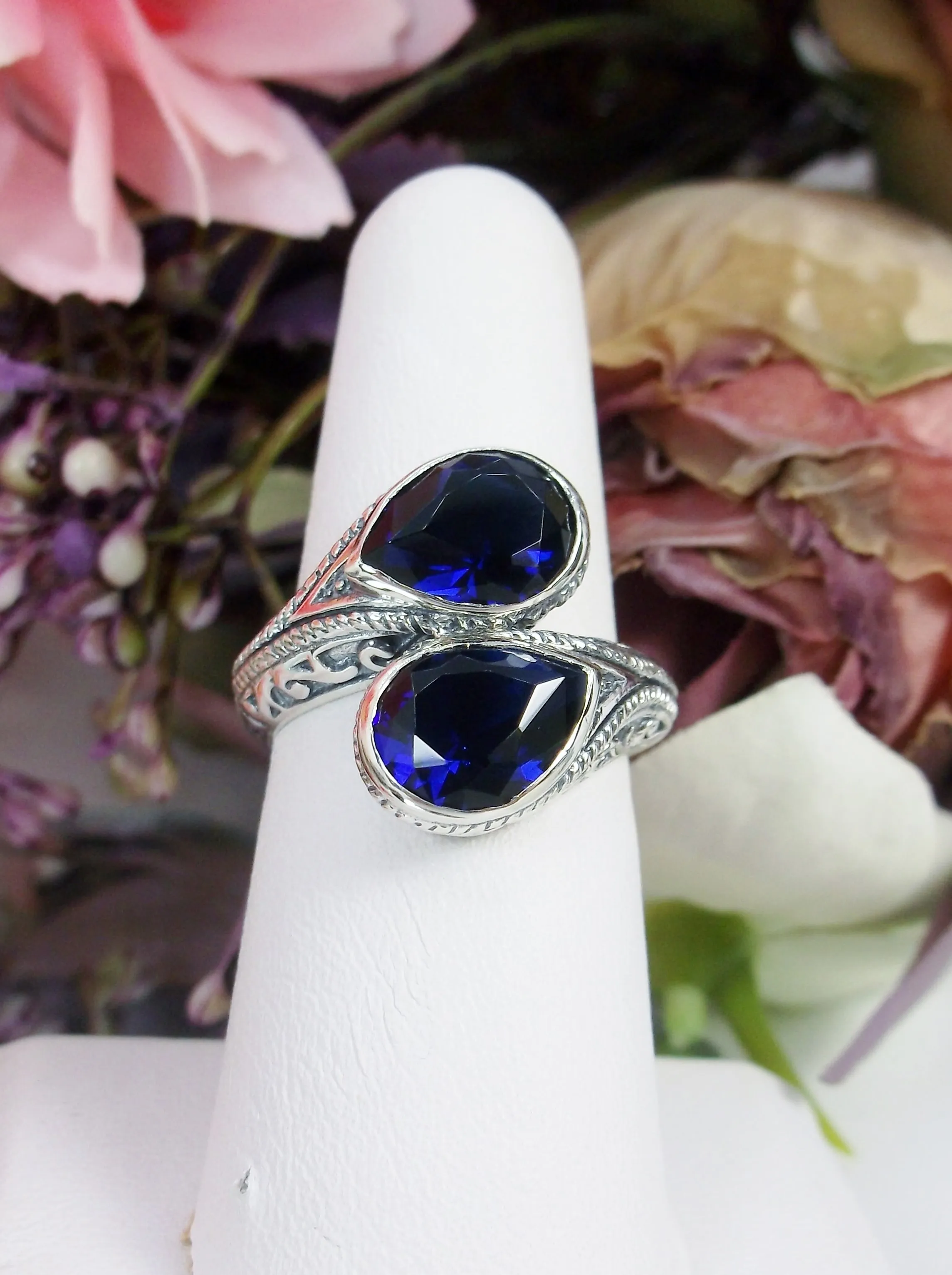 Blue Sapphire Ring, Teardrop Swirl Snake Eye, Art Deco Jewelry #D221