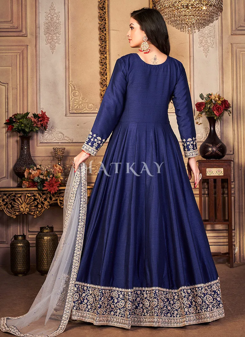 Blue Zari Embroidered Festive Silk Anarkali Suit