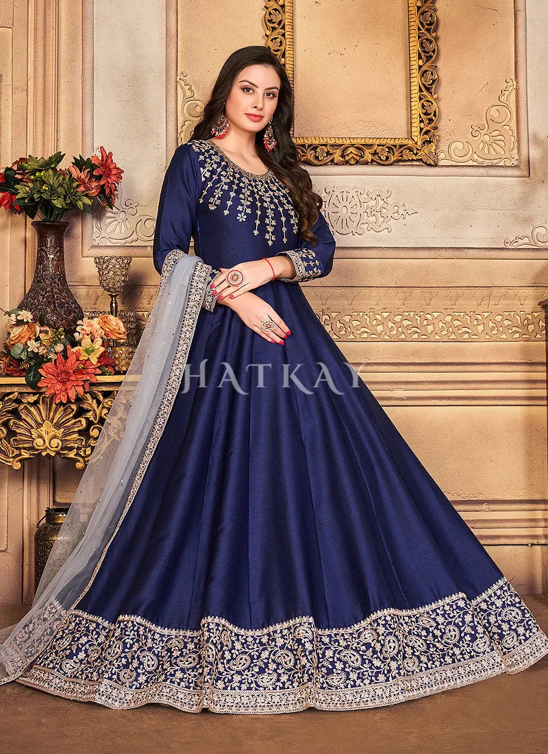 Blue Zari Embroidered Festive Silk Anarkali Suit
