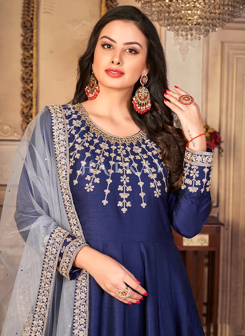 Blue Zari Embroidered Festive Silk Anarkali Suit