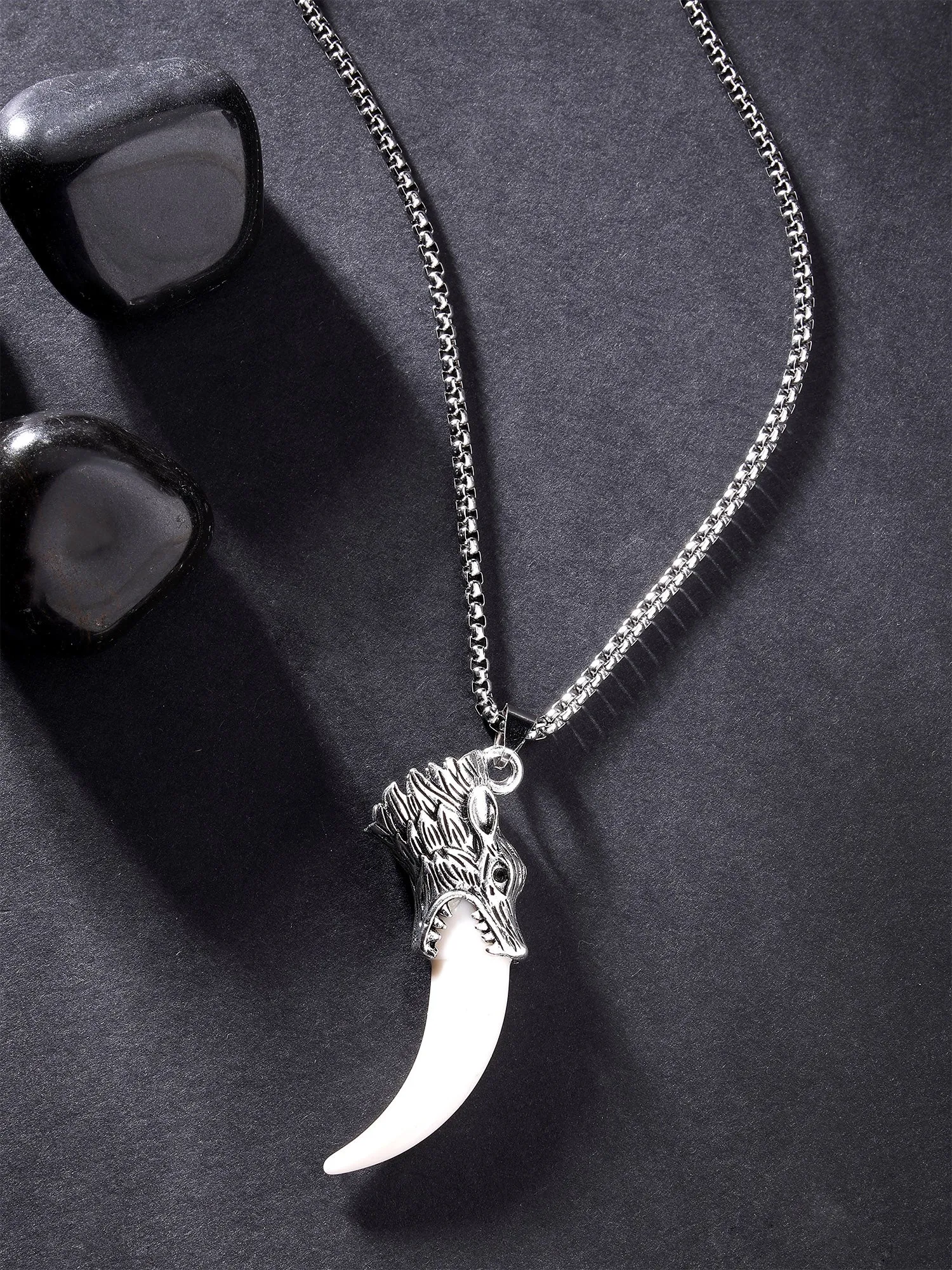 Bohey by KARATCART Silver Plated Wolf Tooth Metal Chain Pendant for Men