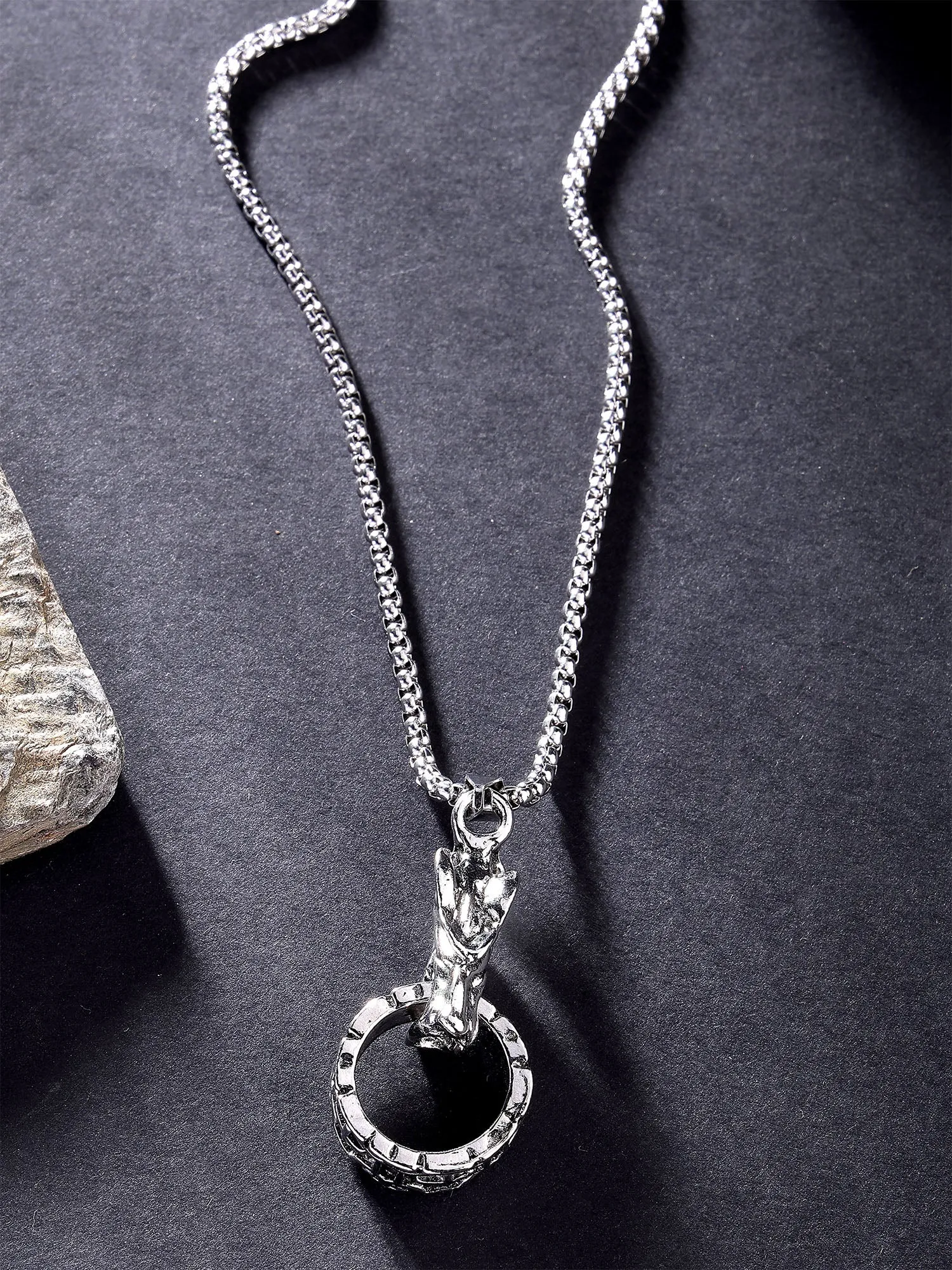 Bohey by KARATCART Silver Plated Wolf with Ring Metal Chain Pendant for Men