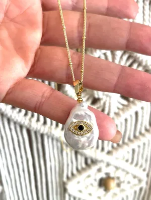 Boho & Mala Freshwater Pearl Evil Eye Necklace PN10017