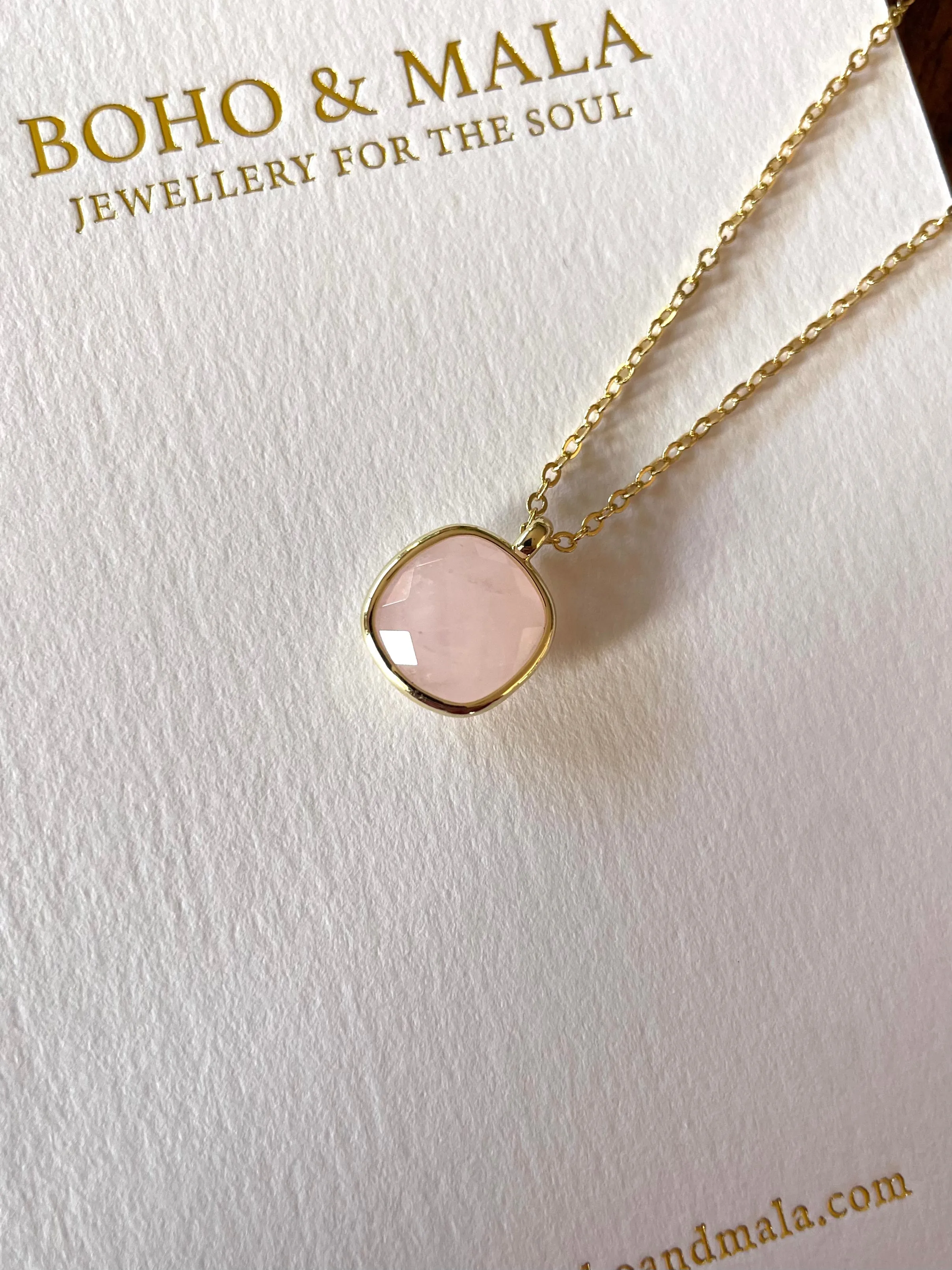 Boho & Mala Rose Quartz 18inch Chain Gold Plated Pendant Necklace