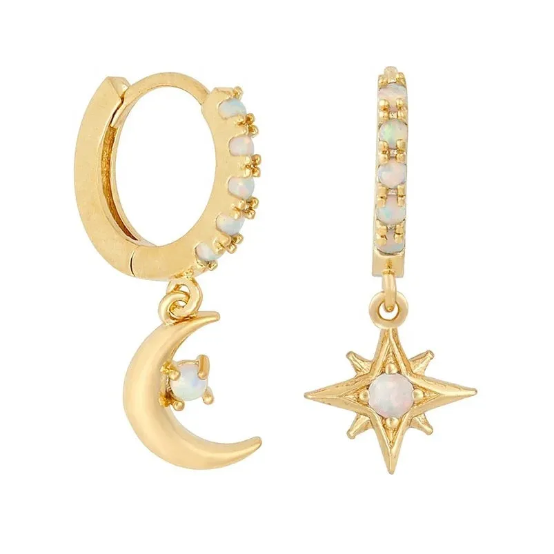 Boho & Mala Star & Moon Opal Huggies 18k Gold Plated Hoop Earring