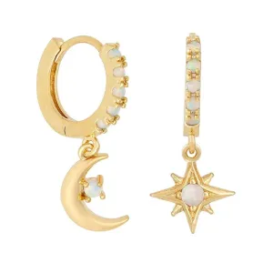 Boho & Mala Star & Moon Opal Huggies 18k Gold Plated Hoop Earring