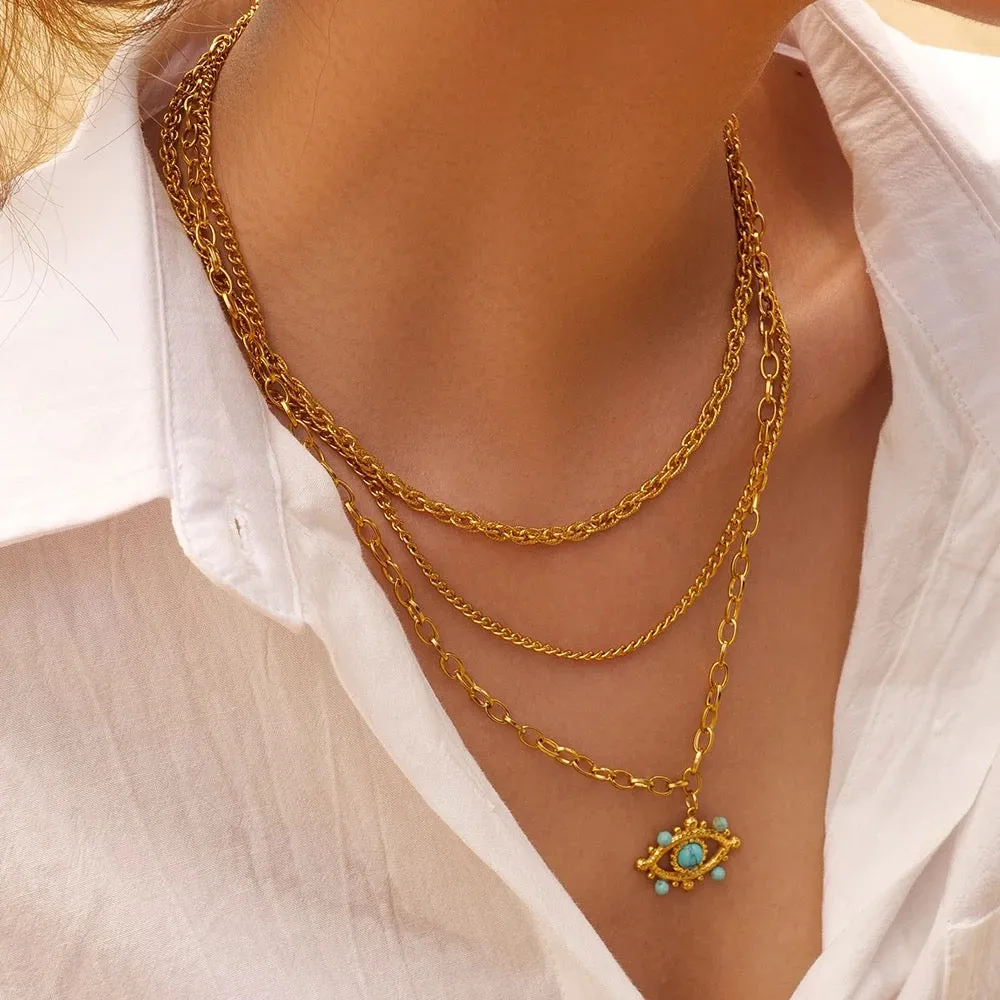 Boho & Mala Triple Eye Stainless Steel/18k Gold Plated Necklace