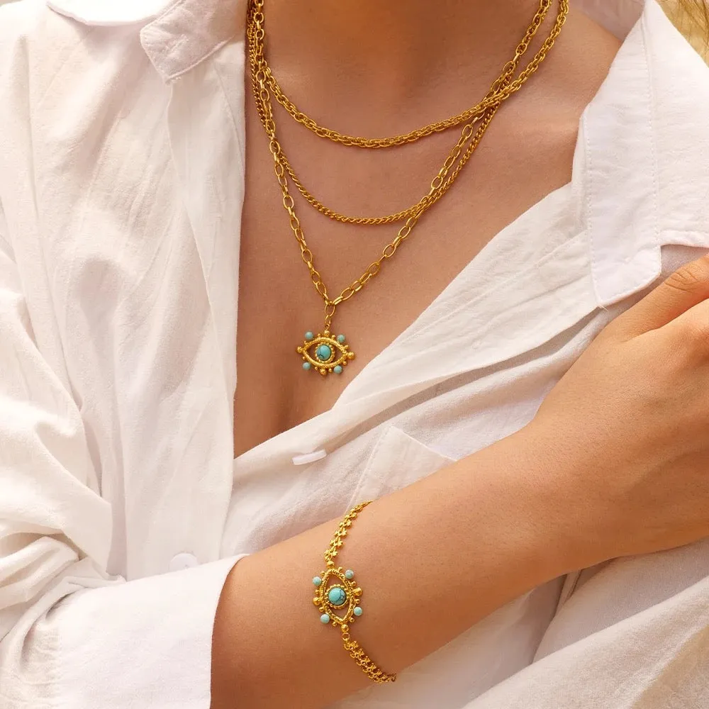 Boho & Mala Triple Eye Stainless Steel/18k Gold Plated Necklace