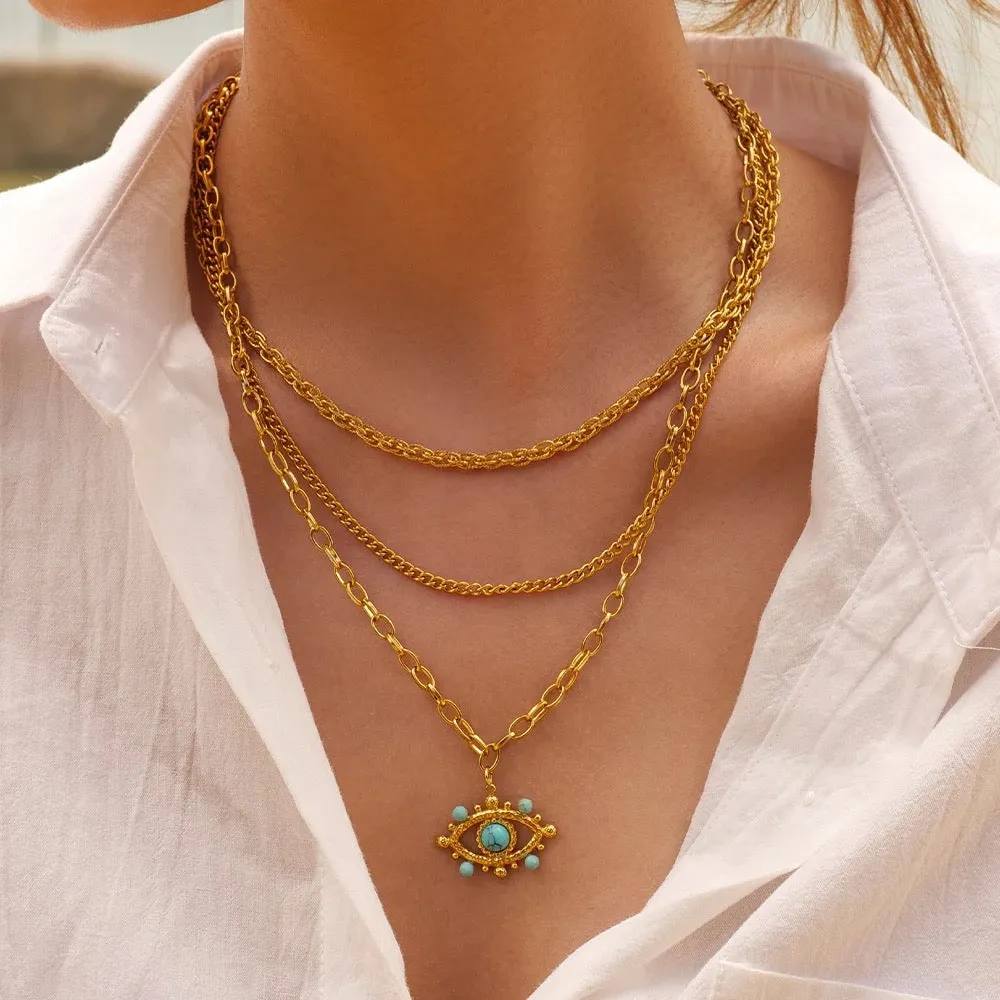 Boho & Mala Triple Eye Stainless Steel/18k Gold Plated Necklace