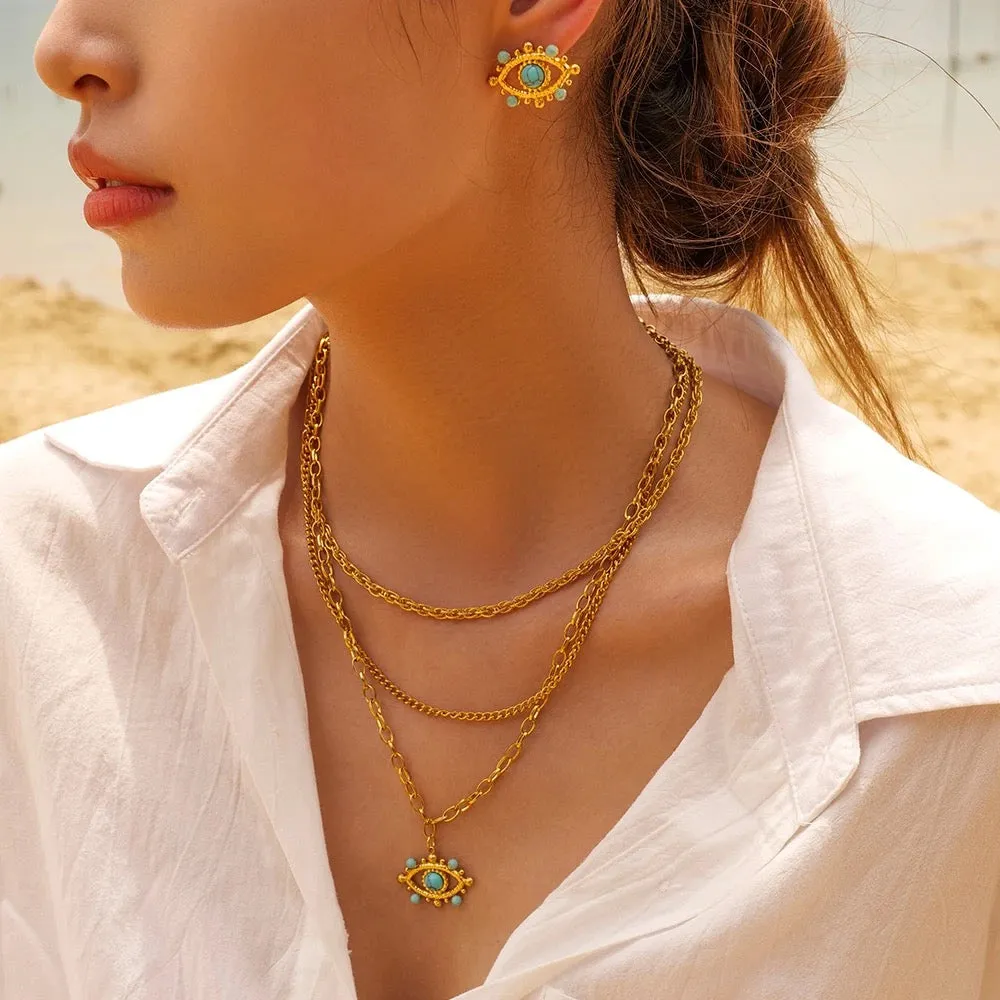 Boho & Mala Triple Eye Stainless Steel/18k Gold Plated Necklace