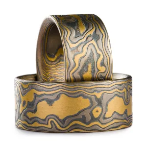 Bold Mokume Gane Ring Set or Wedding Bands in Flare Pattern and Woodgrain Palette