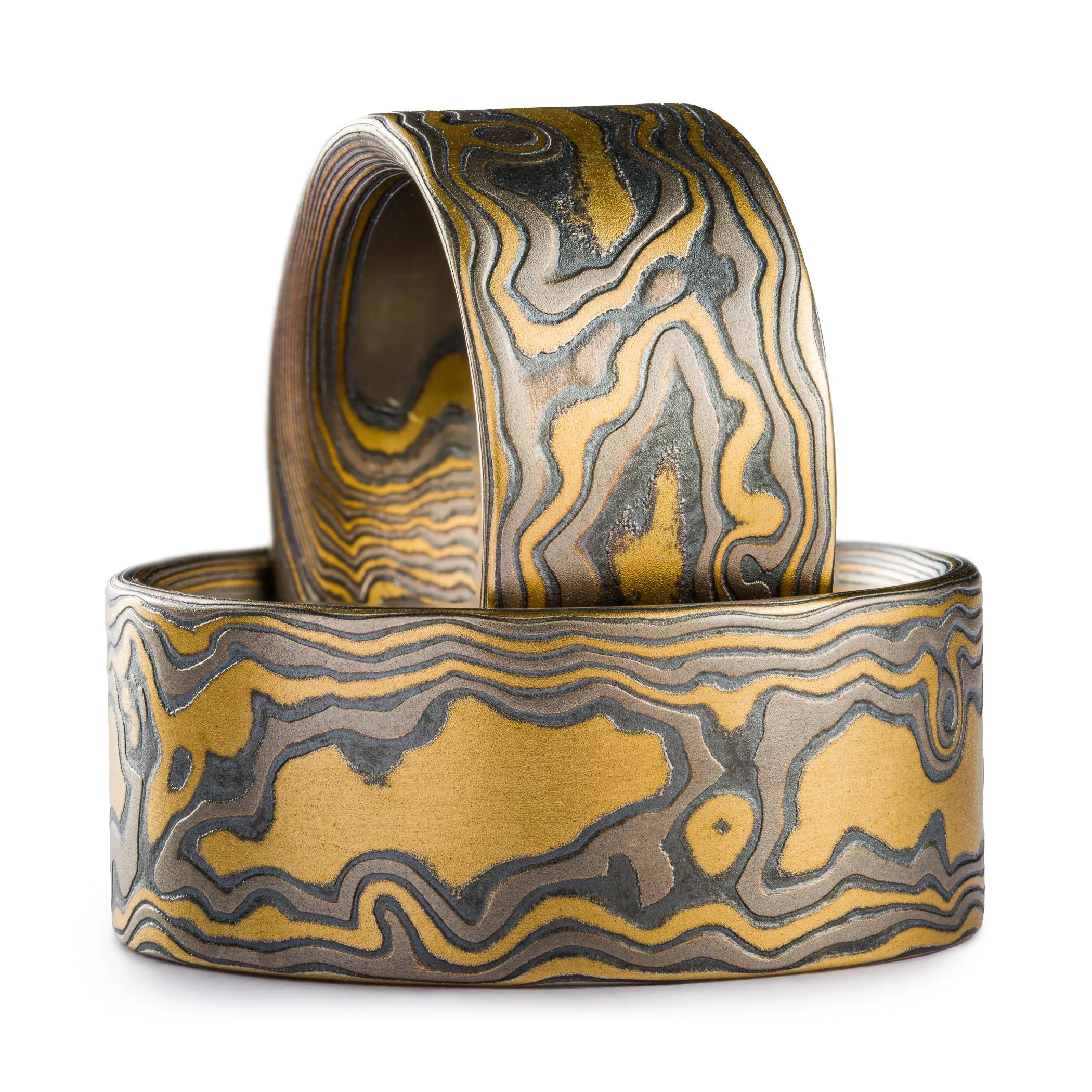 Bold Mokume Gane Ring Set or Wedding Bands in Flare Pattern and Woodgrain Palette