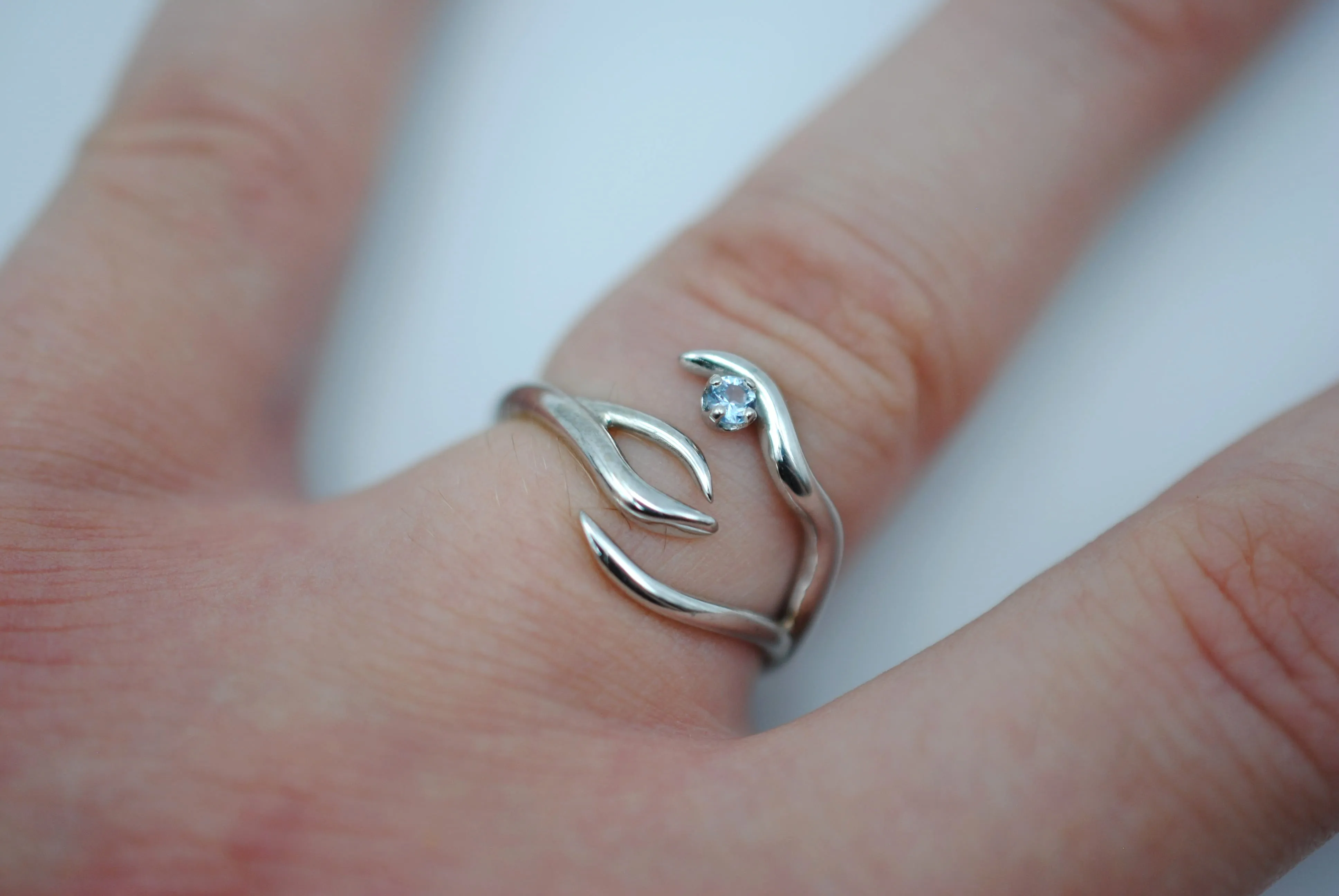 Branch Rhodium Roots Ring with Blue Zircon Gemstone
