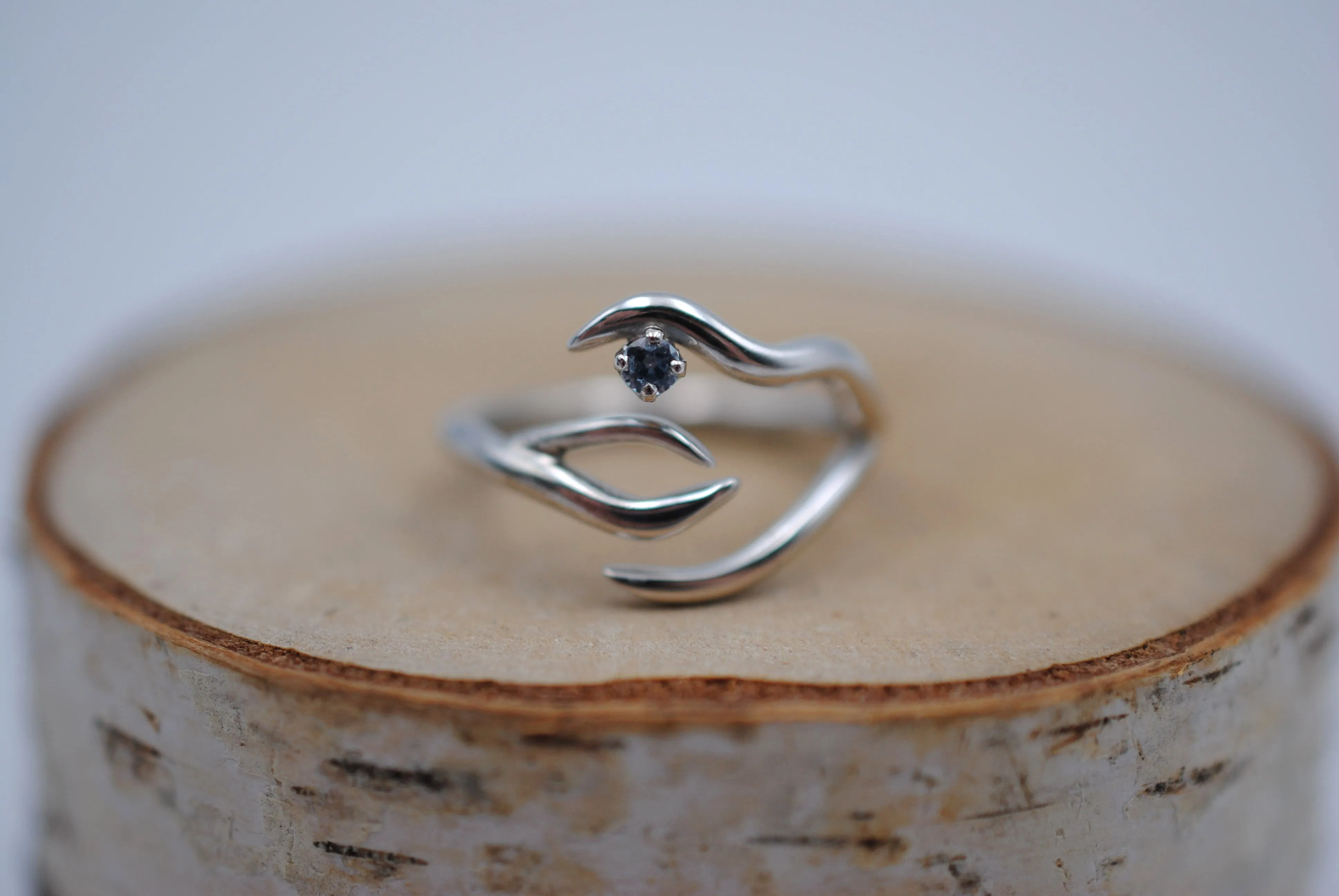 Branch Rhodium Roots Ring with Blue Zircon Gemstone