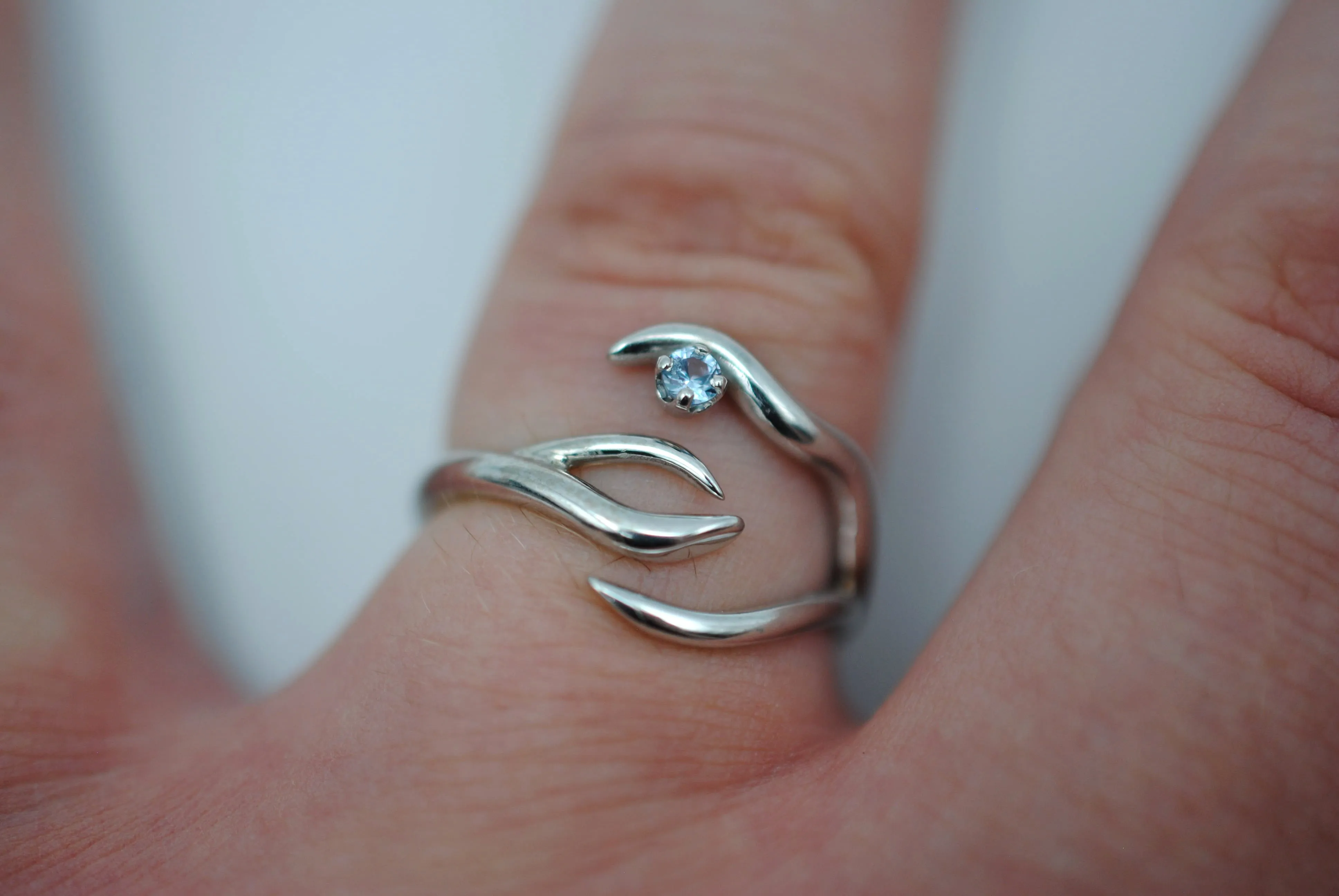 Branch Rhodium Roots Ring with Blue Zircon Gemstone