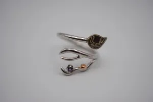 Branching Mokume Leaf Rhodium Roots Ring with Amethyst Gemstone and Gold Accent