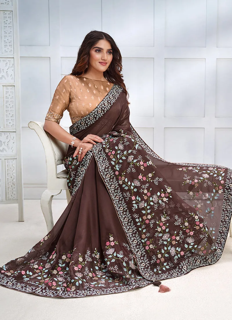 Brown Multi Sequence Embroidery Silk Wedding Saree