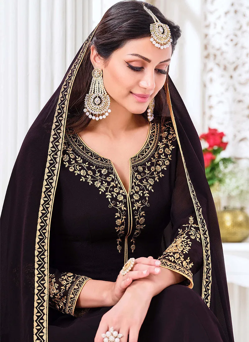 Brown Traditional Zari Embroidered Slit Style Pant Suit