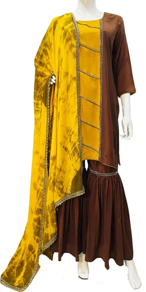 Brown Yellow Gharara Pure Muslin Suit With Tie Dye Dupatta with Border