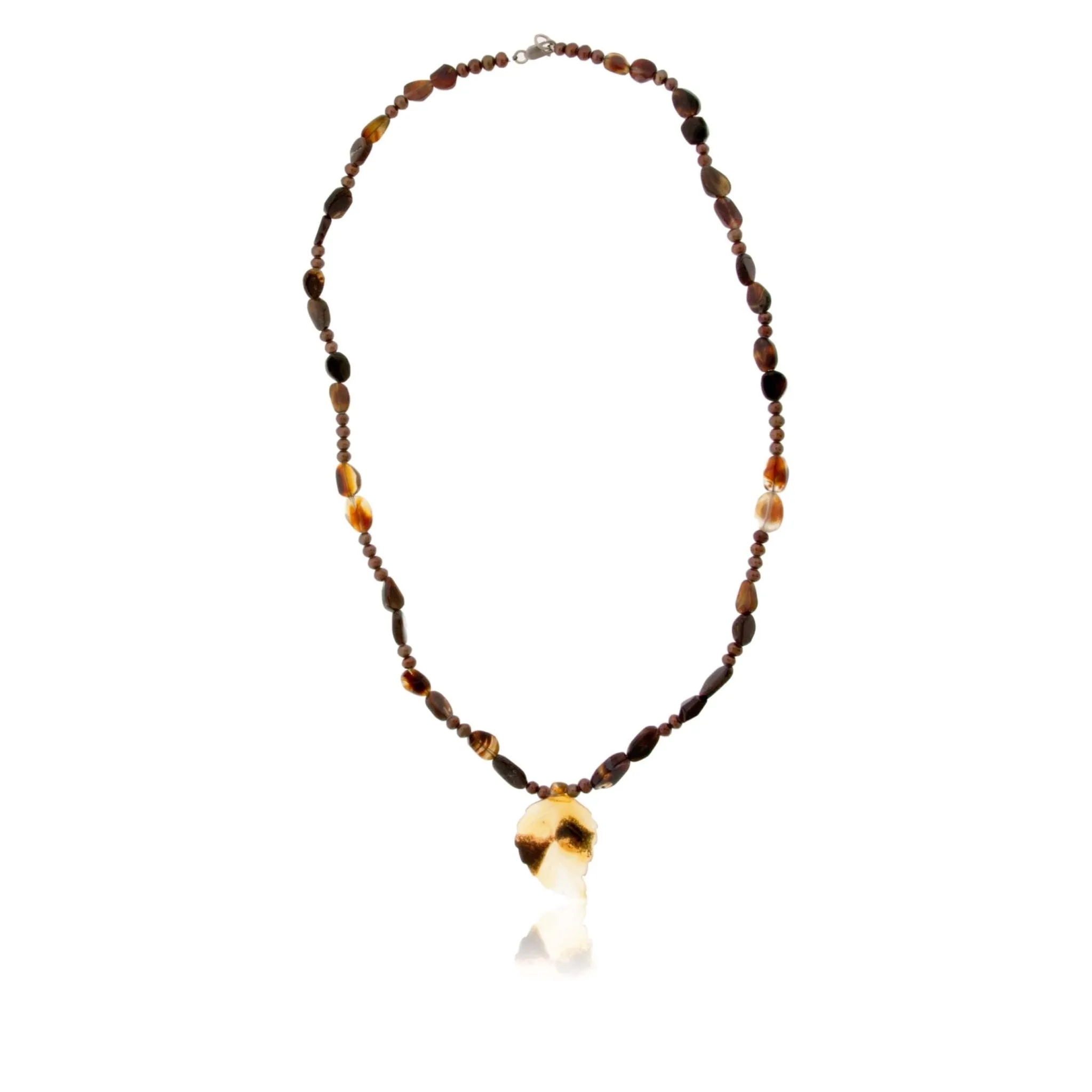 Carved Natural Spotted Agate Leaf with Fire Agate & Chocolate Pearls