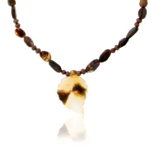 Carved Natural Spotted Agate Leaf with Fire Agate & Chocolate Pearls