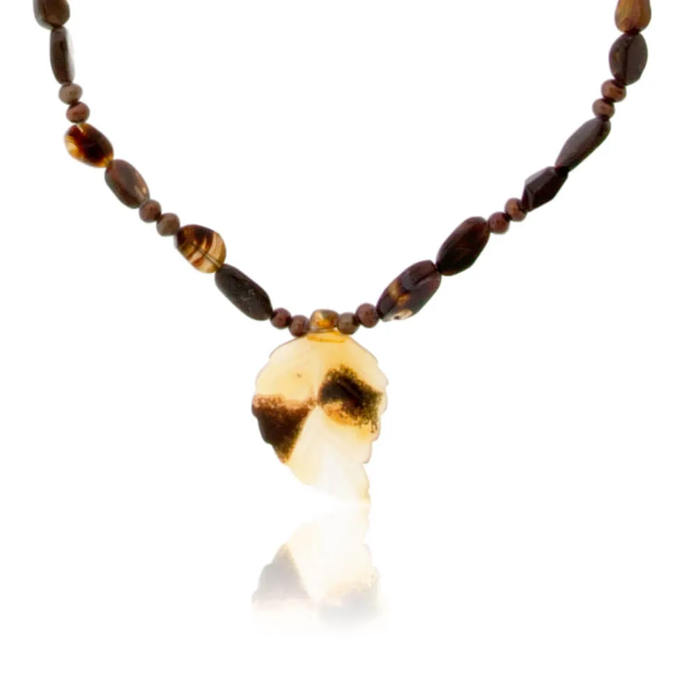 Carved Natural Spotted Agate Leaf with Fire Agate & Chocolate Pearls