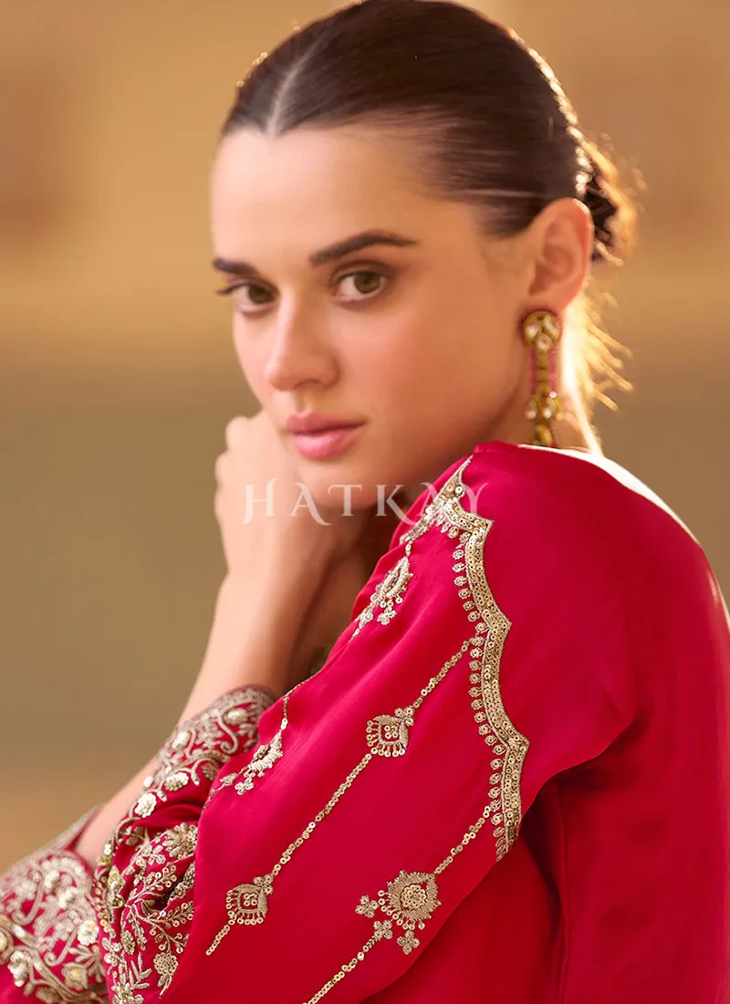 Cherry Red Embroidered Dhoti Style Suit