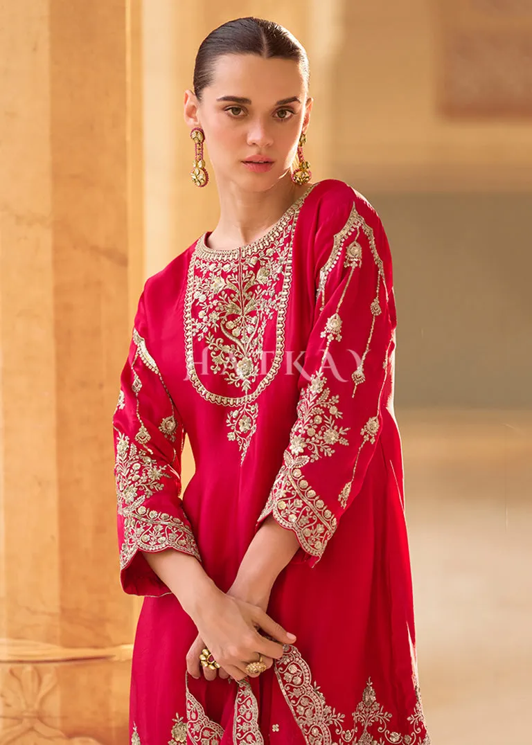 Cherry Red Embroidered Dhoti Style Suit