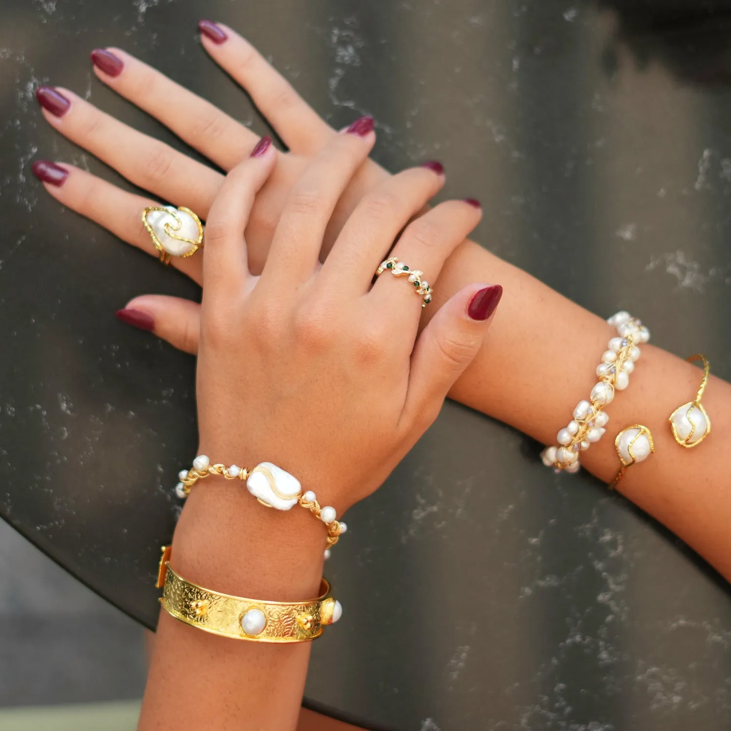 Cleopatra Pearl & Jade Floral Minimalist Dainty Ring