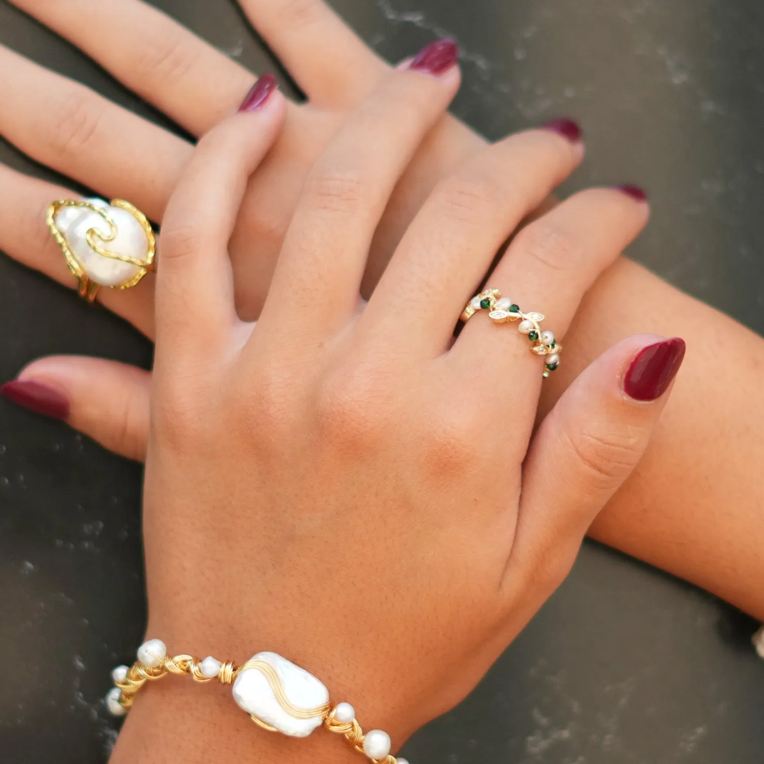 Cleopatra Pearl & Jade Floral Minimalist Dainty Ring