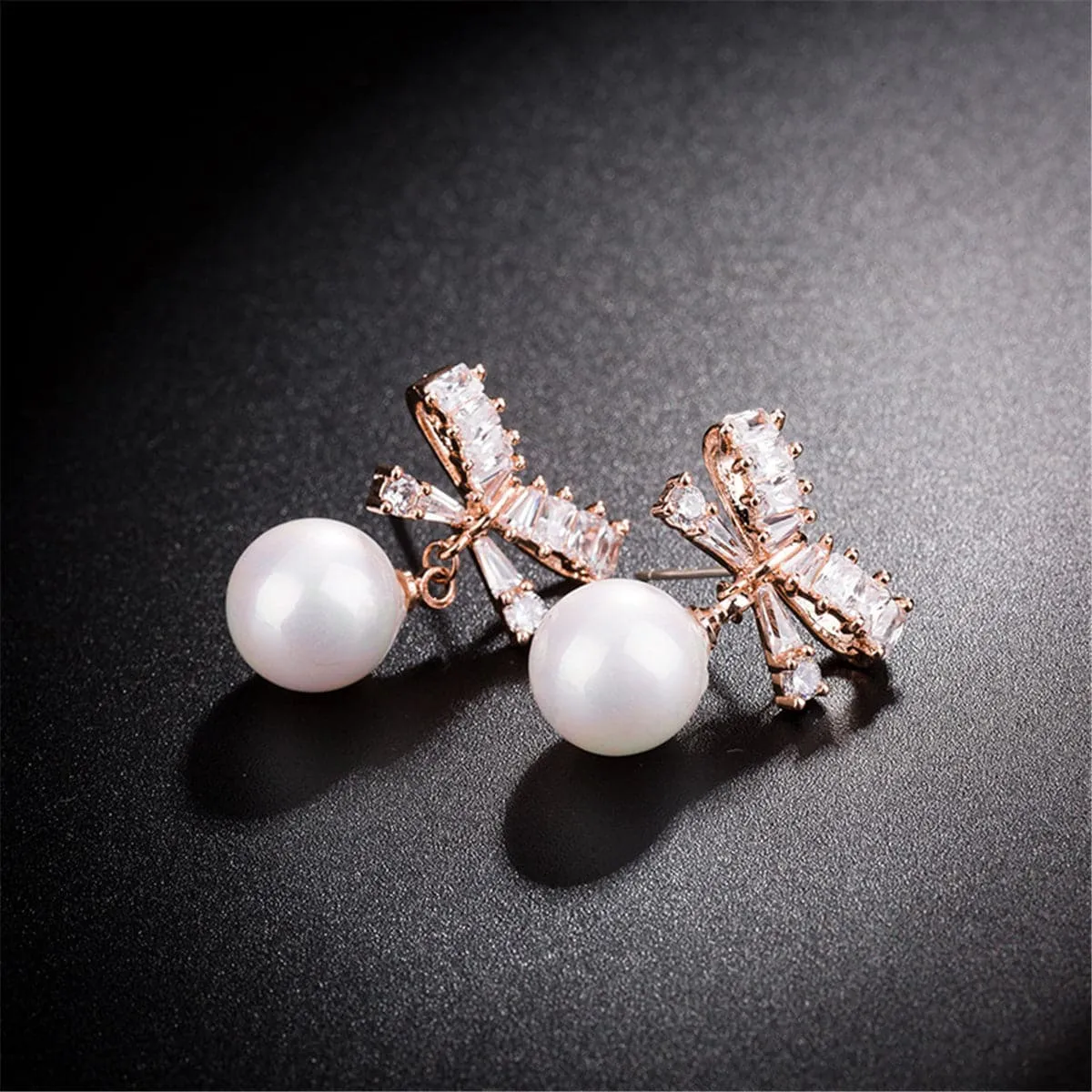 Cubic Zirconia & Pearl 18k Rose Gold-Plated Bow Drop Earrings