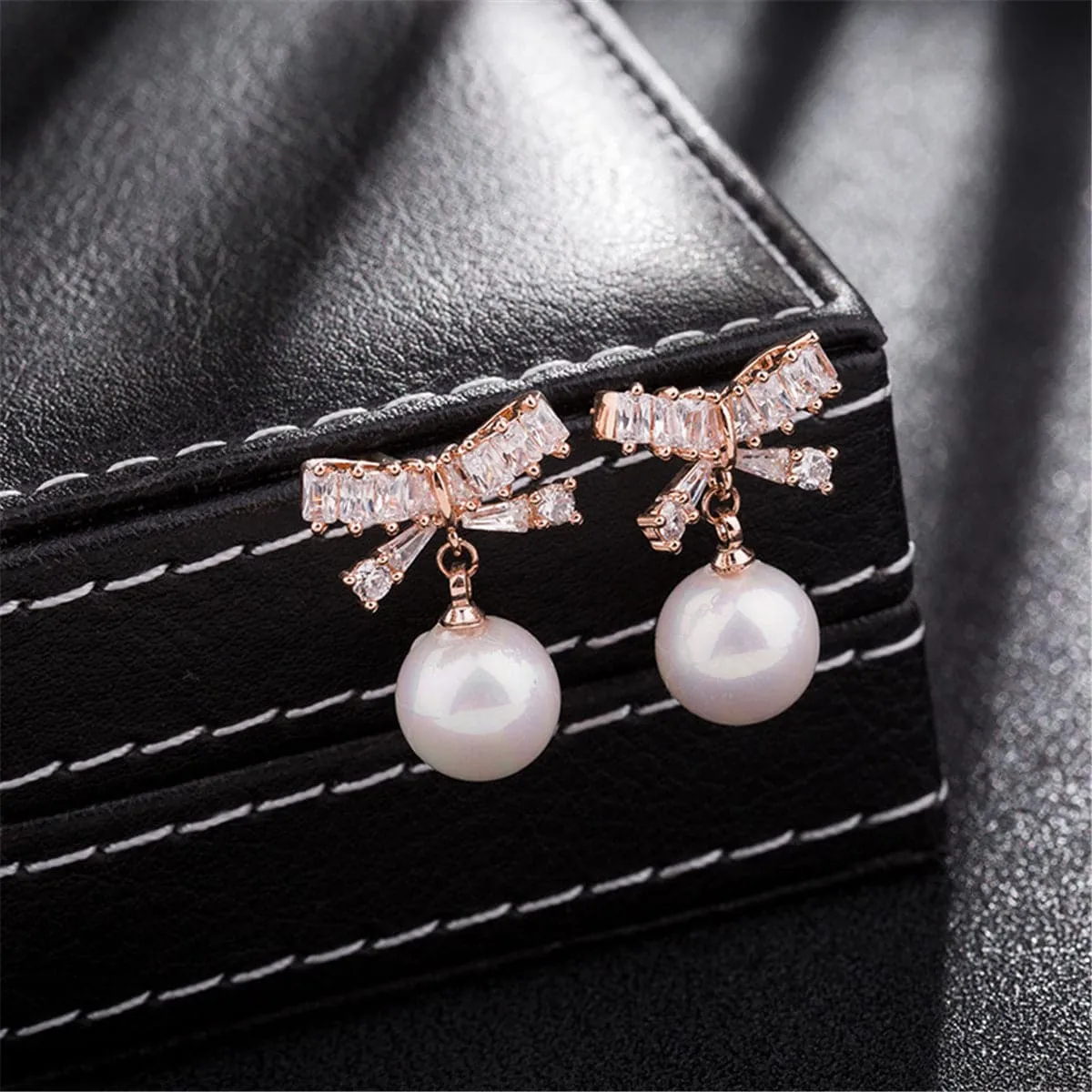 Cubic Zirconia & Pearl 18k Rose Gold-Plated Bow Drop Earrings