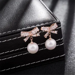 Cubic Zirconia & Pearl 18k Rose Gold-Plated Bow Drop Earrings