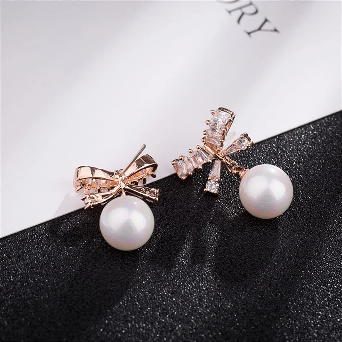 Cubic Zirconia & Pearl 18k Rose Gold-Plated Bow Drop Earrings
