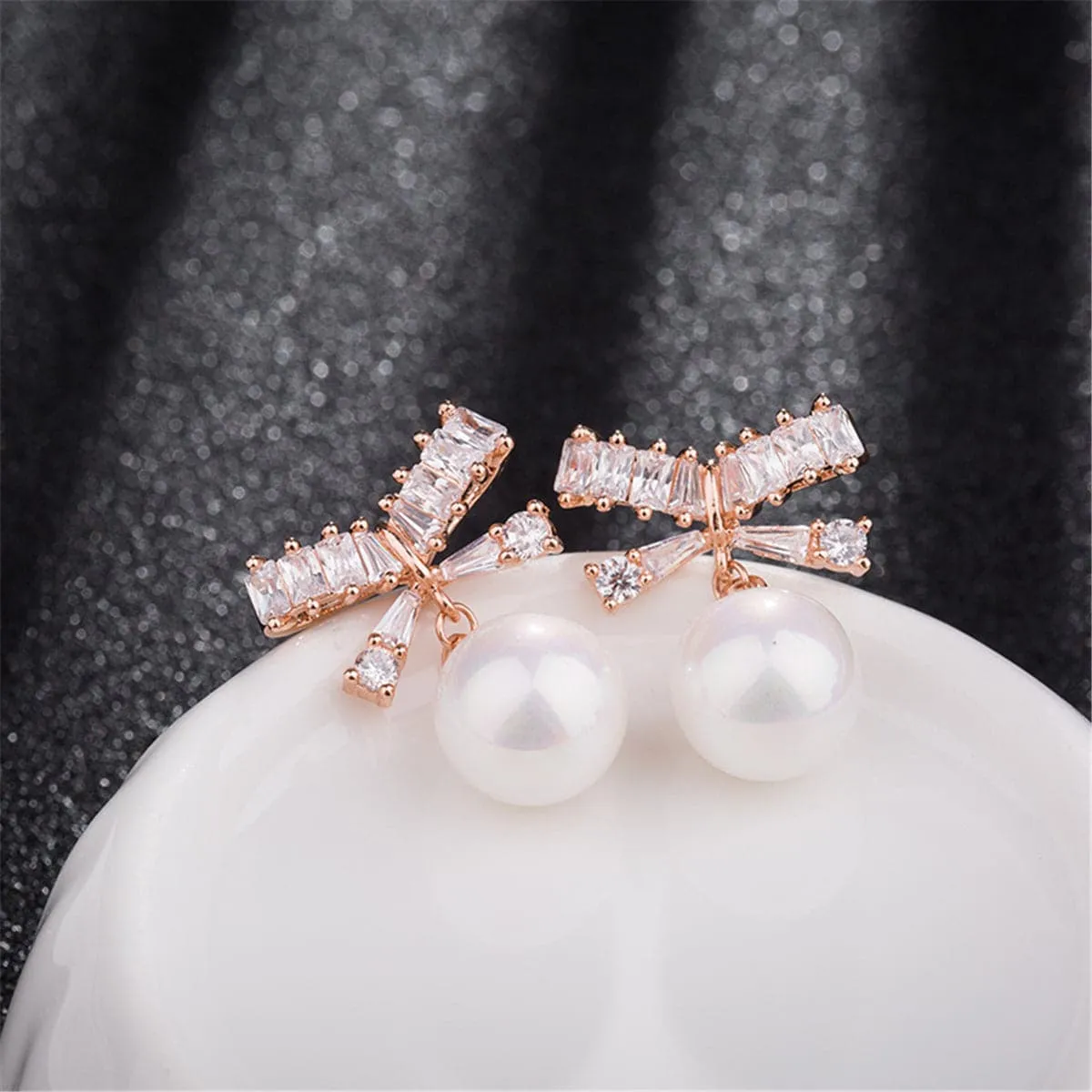 Cubic Zirconia & Pearl 18k Rose Gold-Plated Bow Drop Earrings