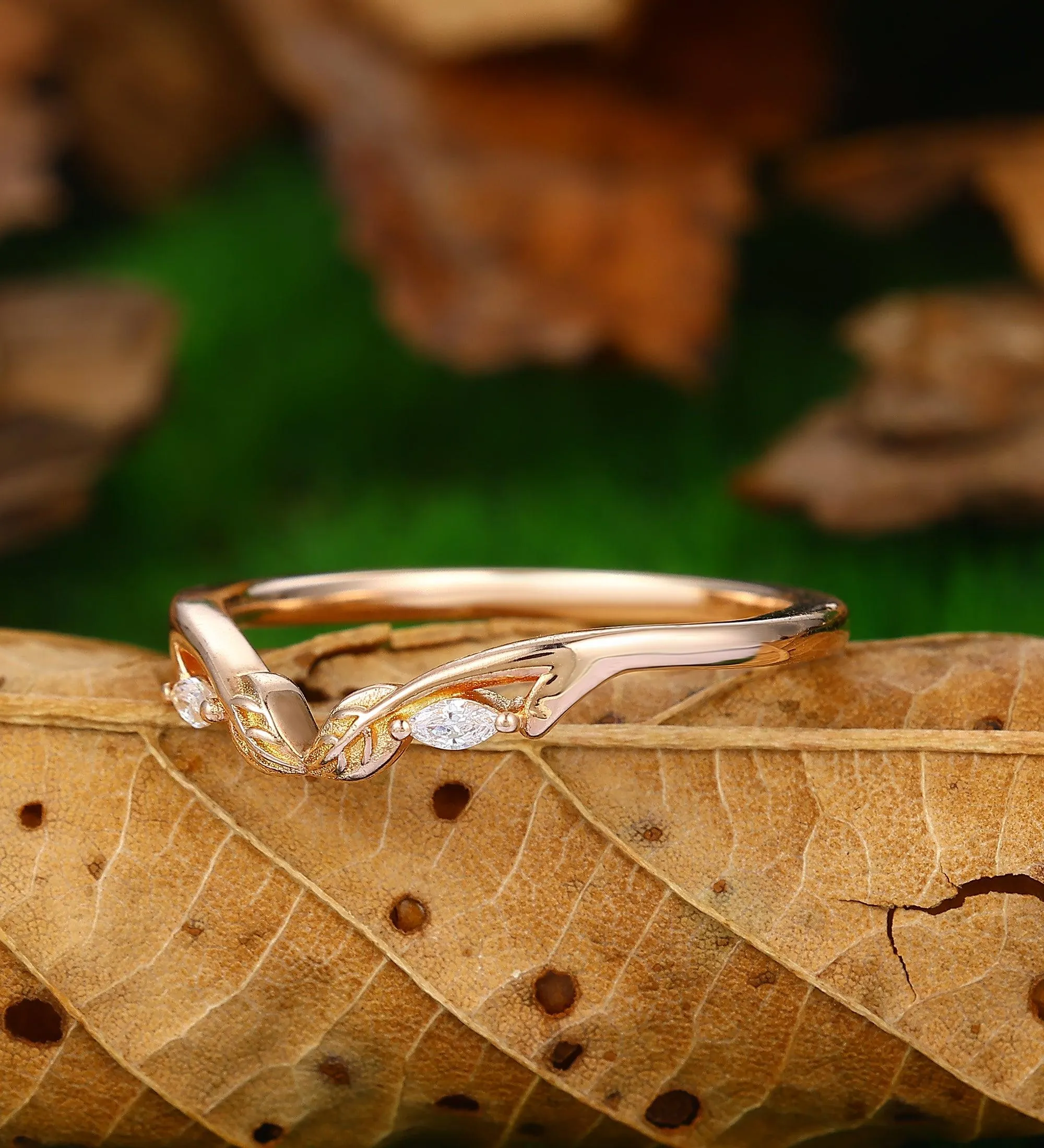 Curved V Shaped 0.09ct Moissanite 14k Gold Stacking Matching  Unique Leaf Wedding Band