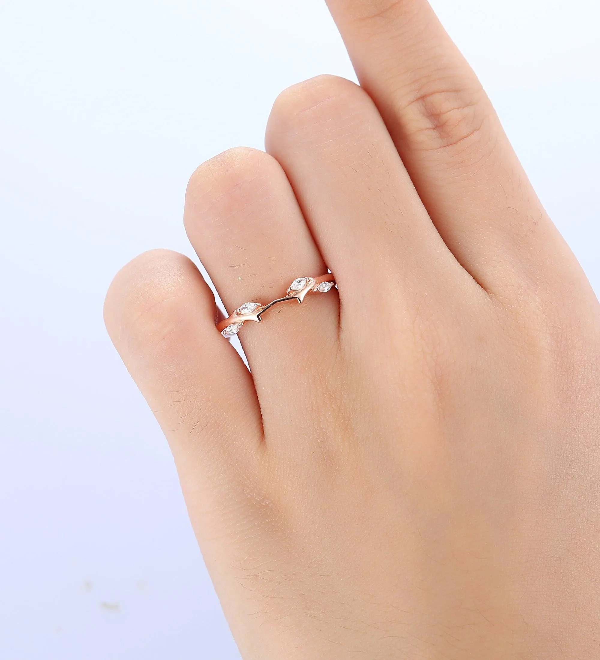 Curved V Shaped 0.09ct Moissanite 14k Gold Stacking Matching  Unique Leaf Wedding Band